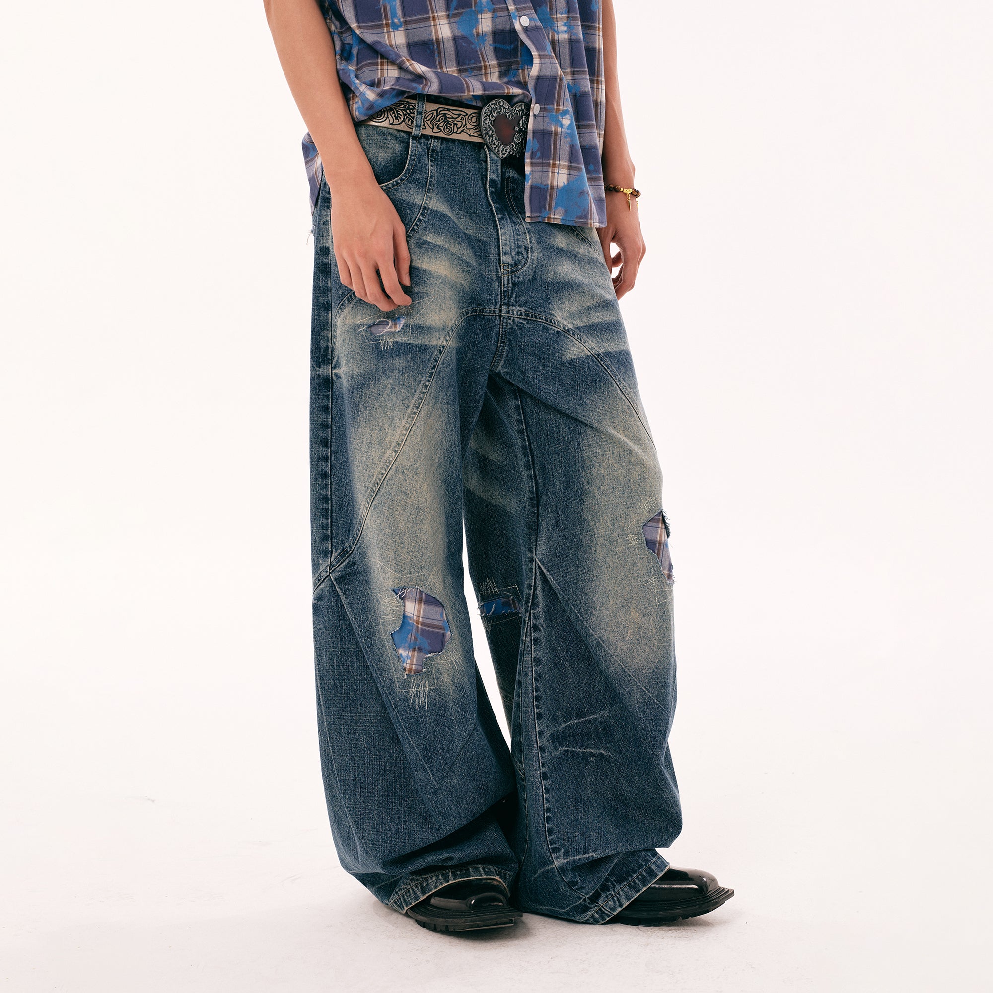 PASET Plaid Patch Distressed Wide-Leg Jeans