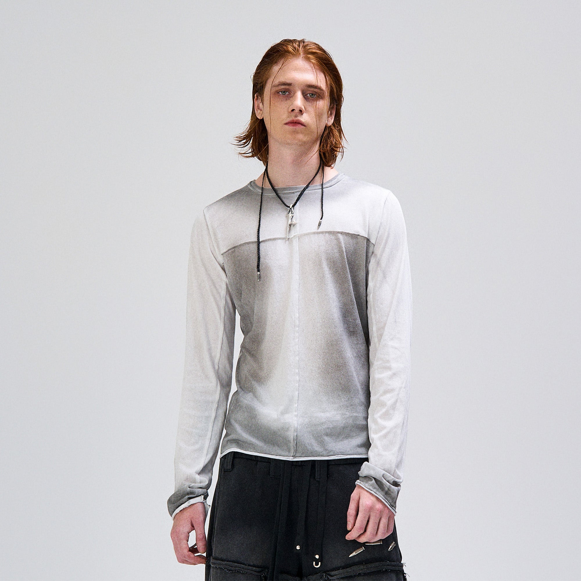 FLYERRER Washed Gradient Cross-Panel Raw-Edge Long-Sleeve Tee, premium urban and streetwear designers apparel on PROJECTISR.com, FLYERRER
