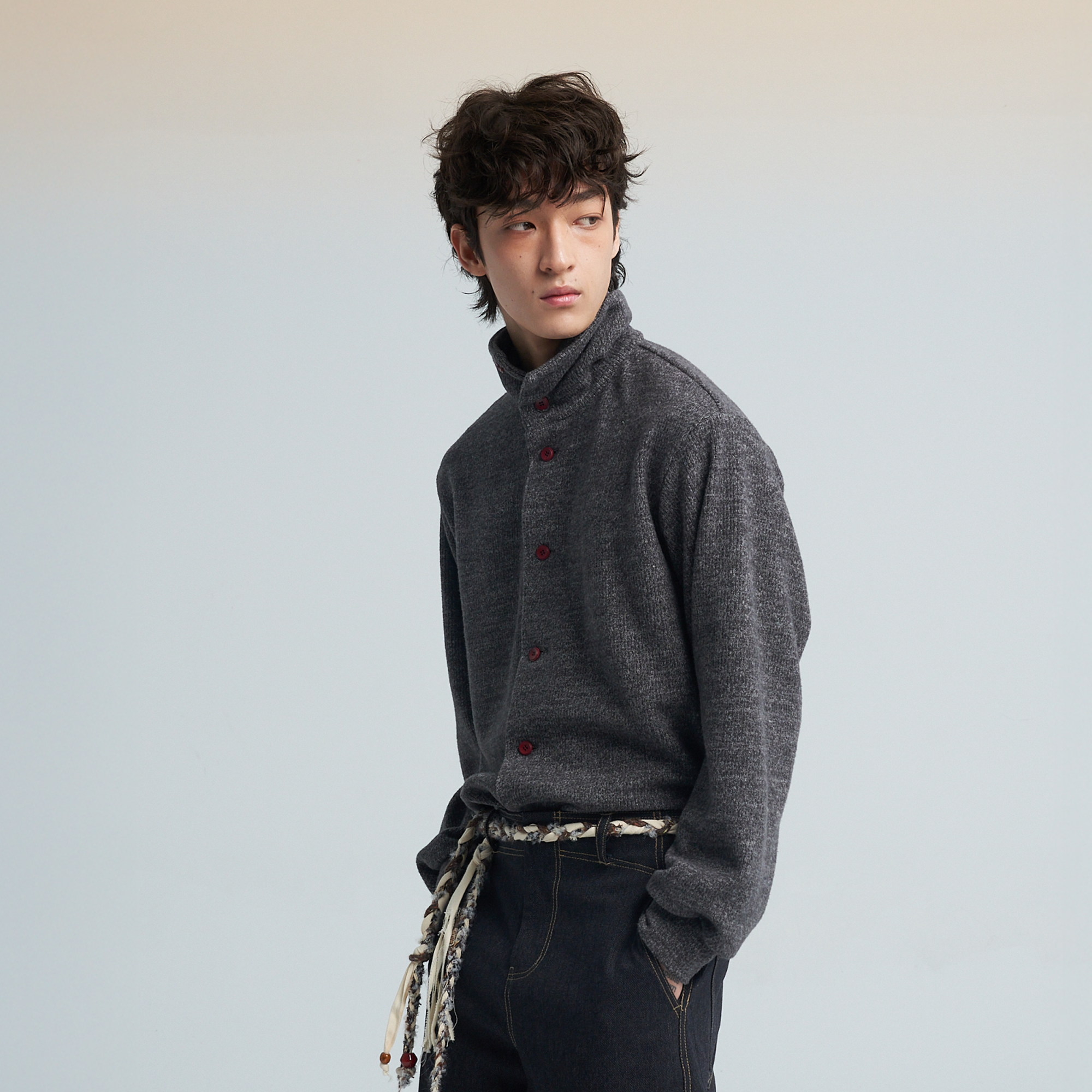 SAME FLOW Contrast Button Mandarin-Collar Cardigan