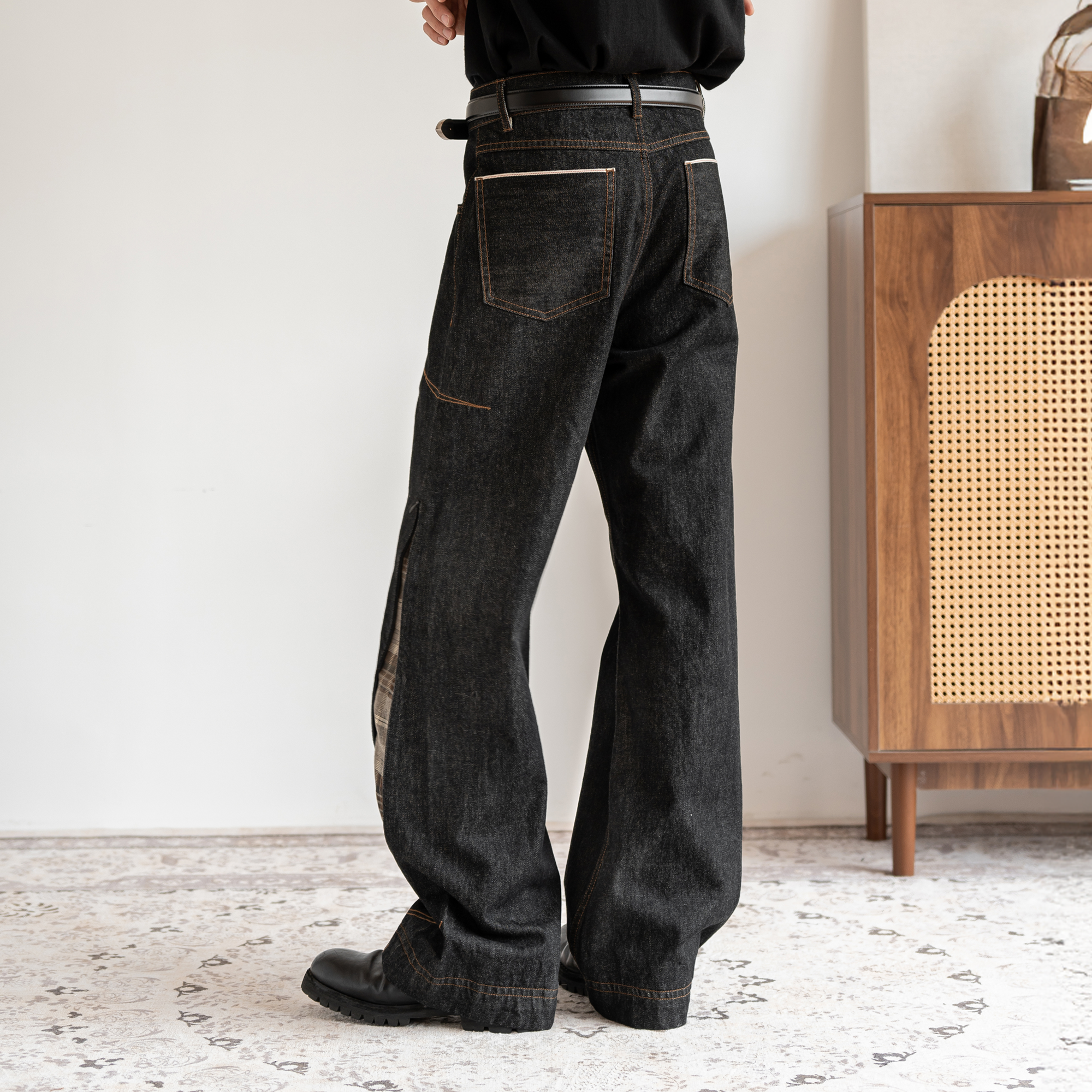 MOITIEDEPETALE Plaid-Inset Wide-Leg Selvedge Jeans
