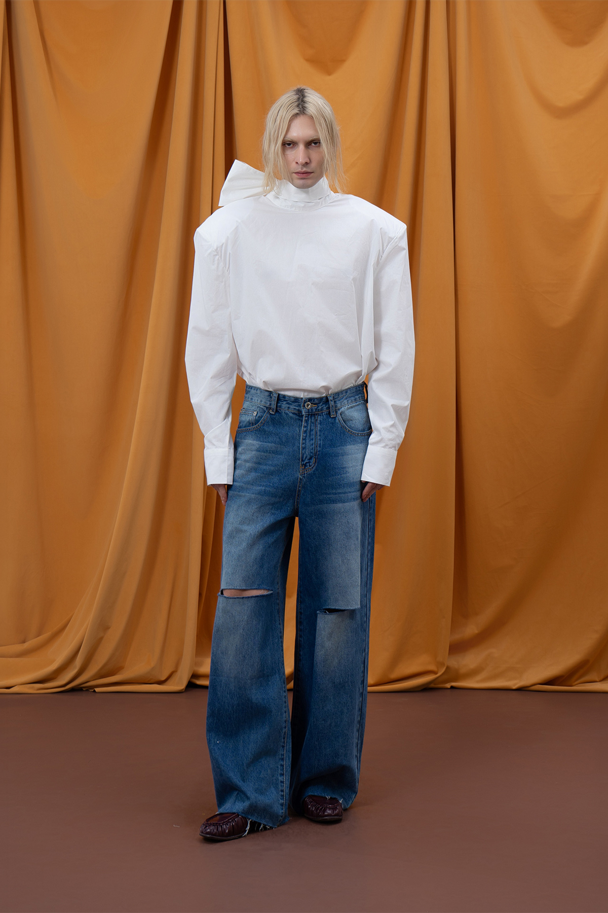 CLP Washed Distressed Raw-Edge Wide-Leg Jeans