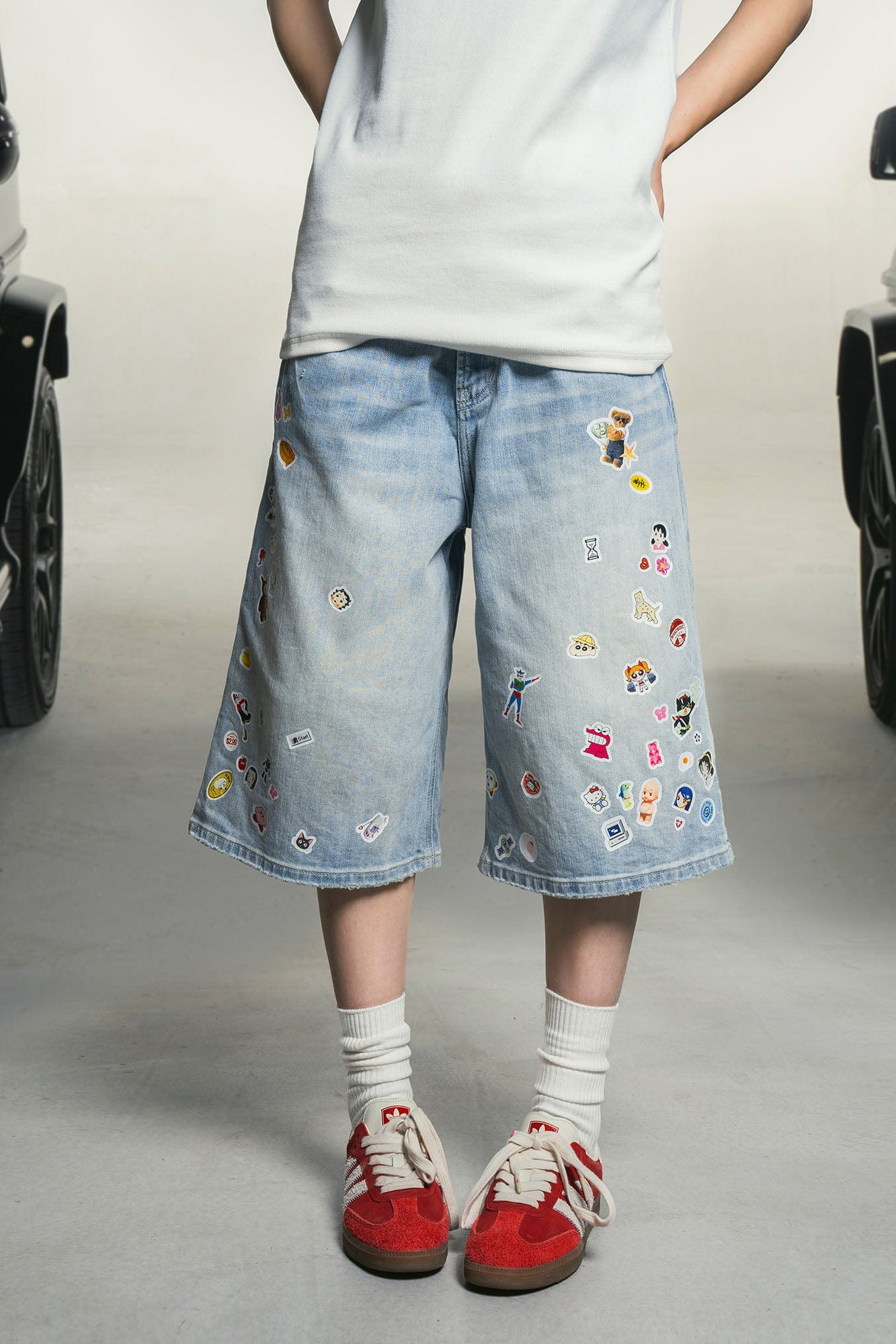 MAKEMORE Anime Sticker Washed Denim Shorts, premium urban and streetwear designers apparel on PROJECTISR.com, MAKEMORE
