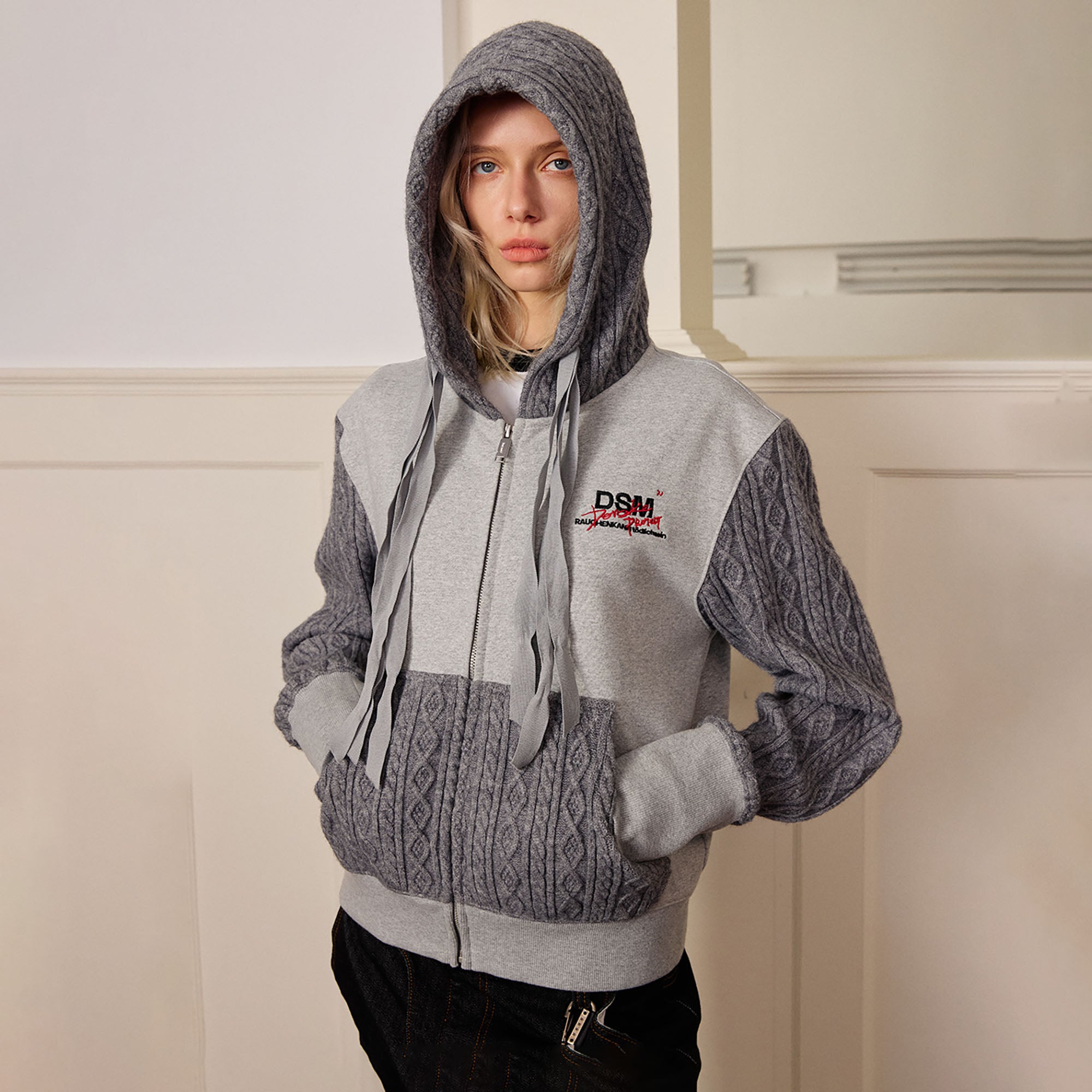 DONSMOKE Spliced Cable-Knit Zip-Up Hoodie, premium urban and streetwear designers apparel on PROJECTISR.com, DONSMOKE