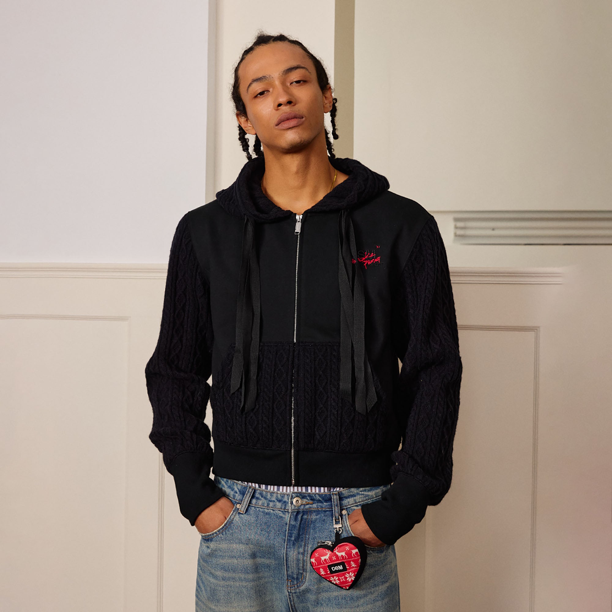 DONSMOKE Spliced Cable-Knit Zip-Up Hoodie, premium urban and streetwear designers apparel on PROJECTISR.com, DONSMOKE