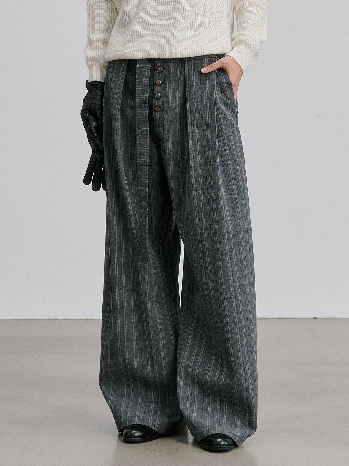 CATSSTAC Striped Belted Button Fly Wide-Leg Trousers