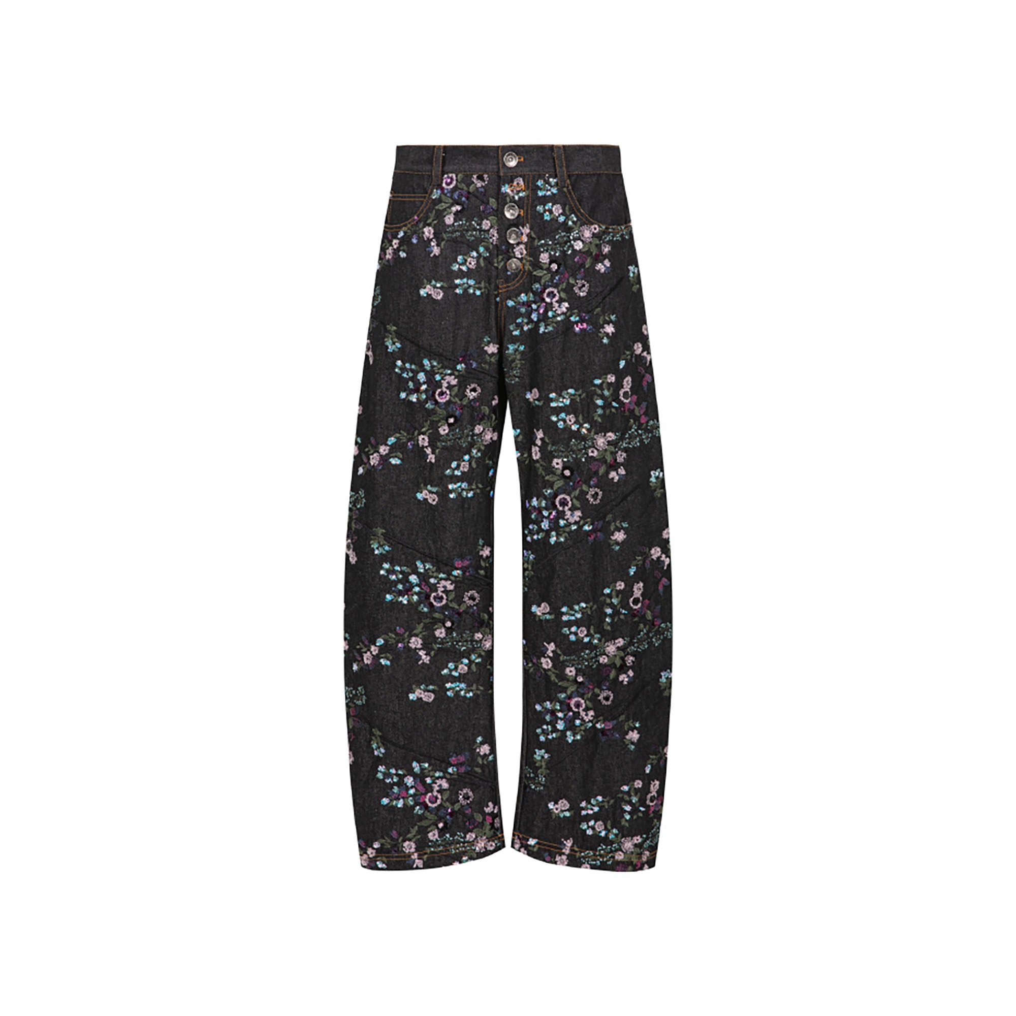 TUIMU Beaded Floral Embroidered Wide-Leg Denim Trousers