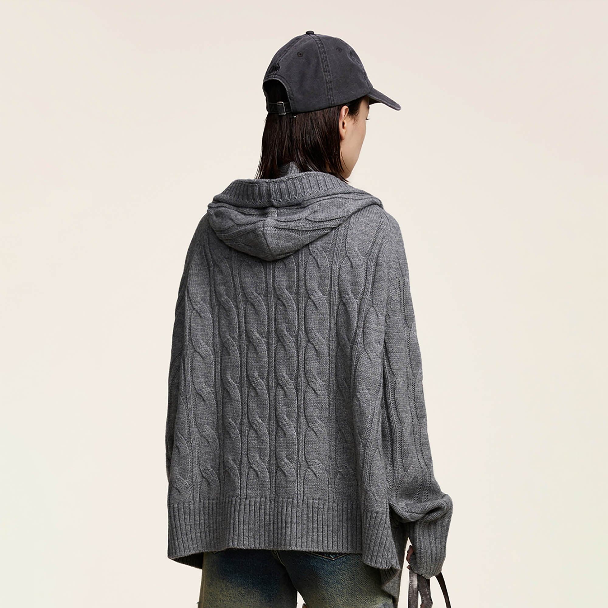 OPICLOTH Cable-Knit Zip-Up Hooded Cardigan