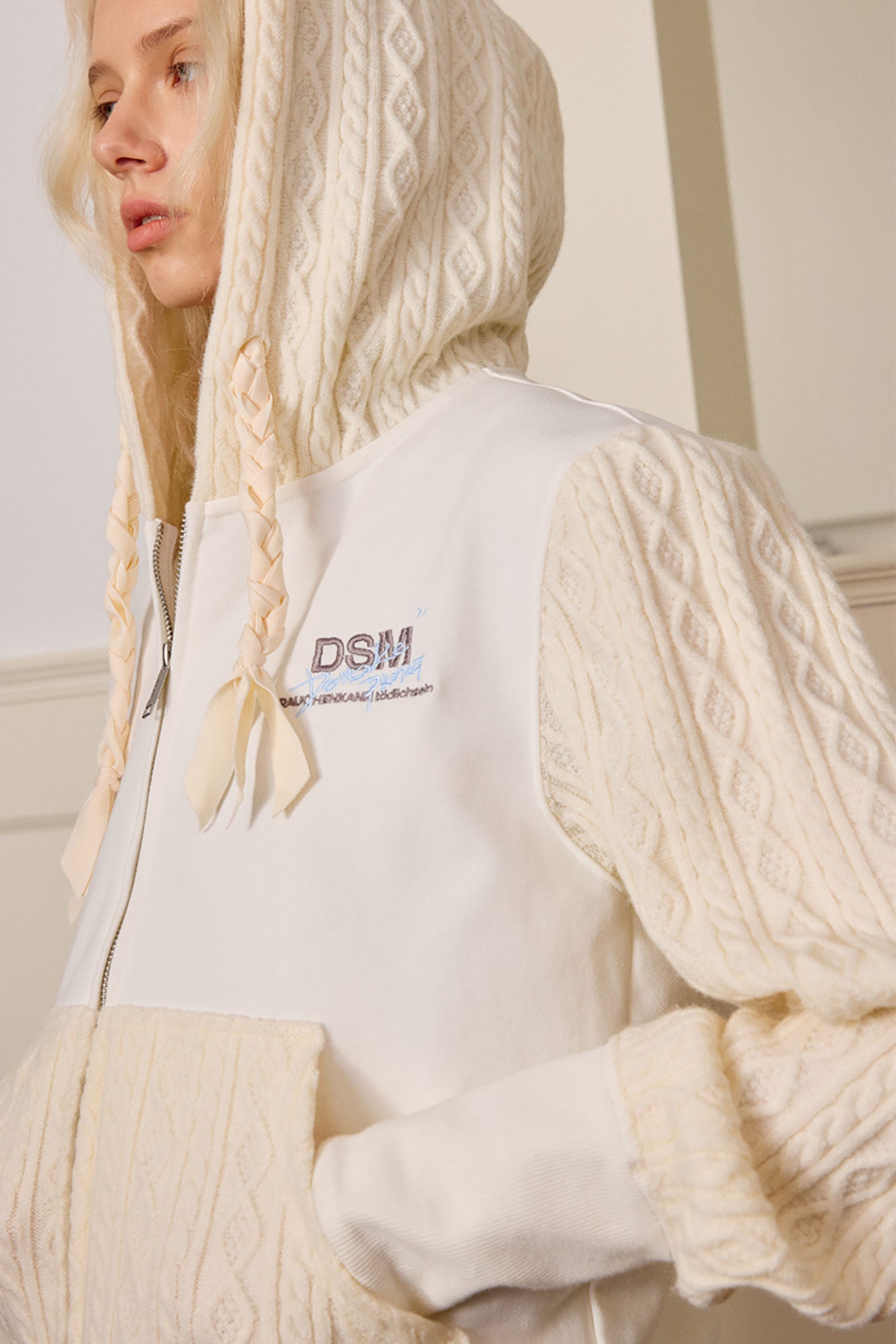 DONSMOKE Spliced Cable-Knit Zip-Up Hoodie, premium urban and streetwear designers apparel on PROJECTISR.com, DONSMOKE