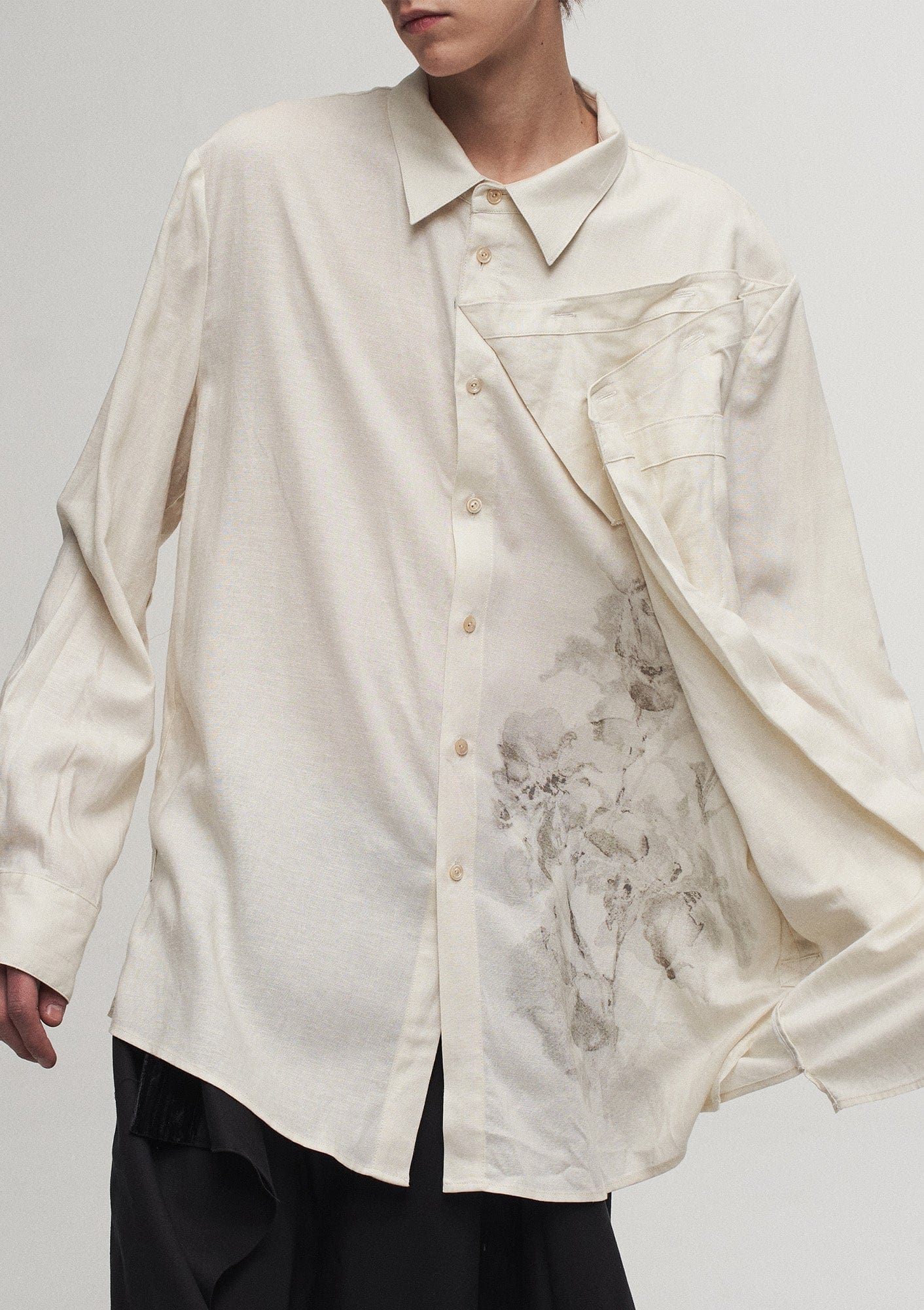 ILNya Nieternite Nifutur Asymmetric Floral Folded Drape Panel Shirt, premium urban and streetwear designers apparel on PROJECTISR.com, ILNya Nieternite Nifutur