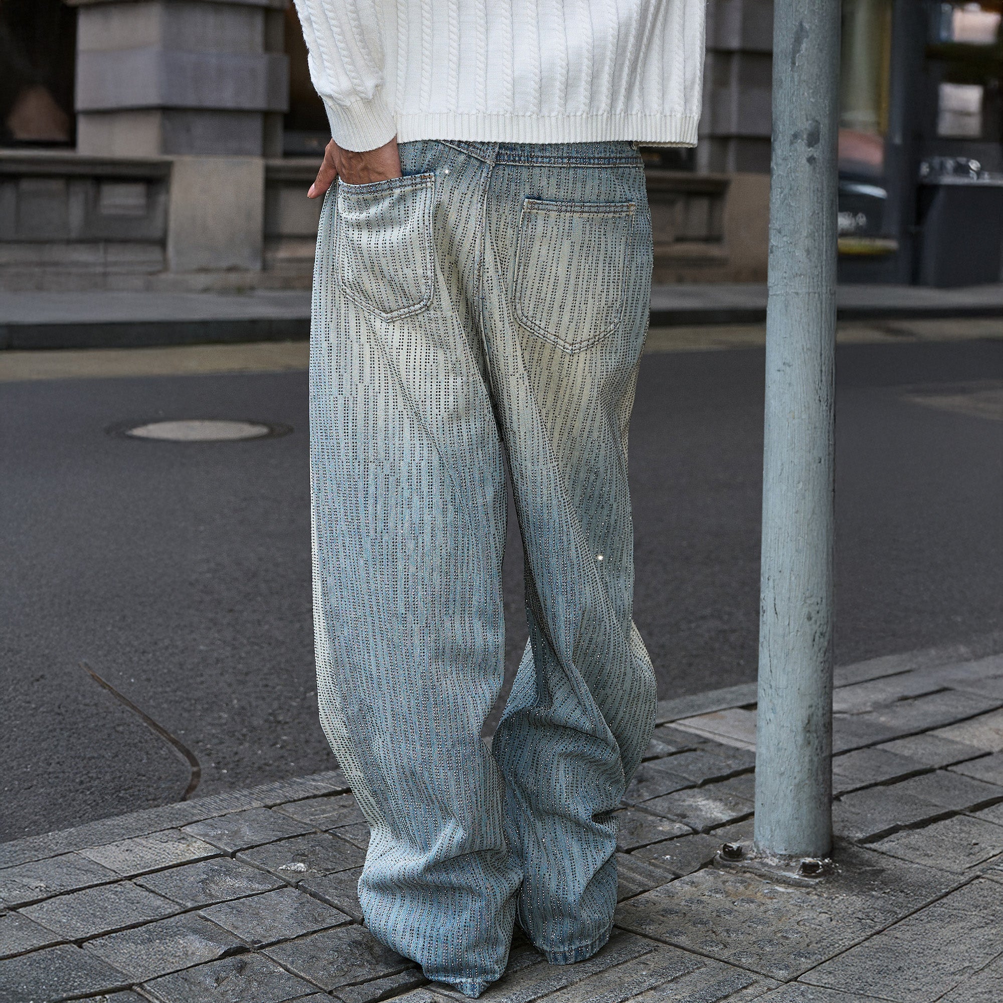 STEEPC Washed Rhinestone Embellished Baggy Jeans