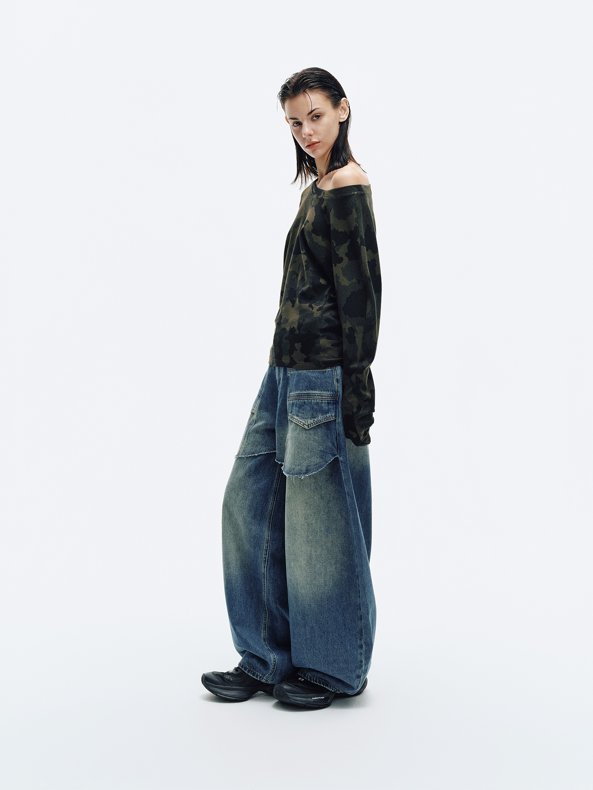 HAHAHA Spliced Washed Faux Layered Jeans