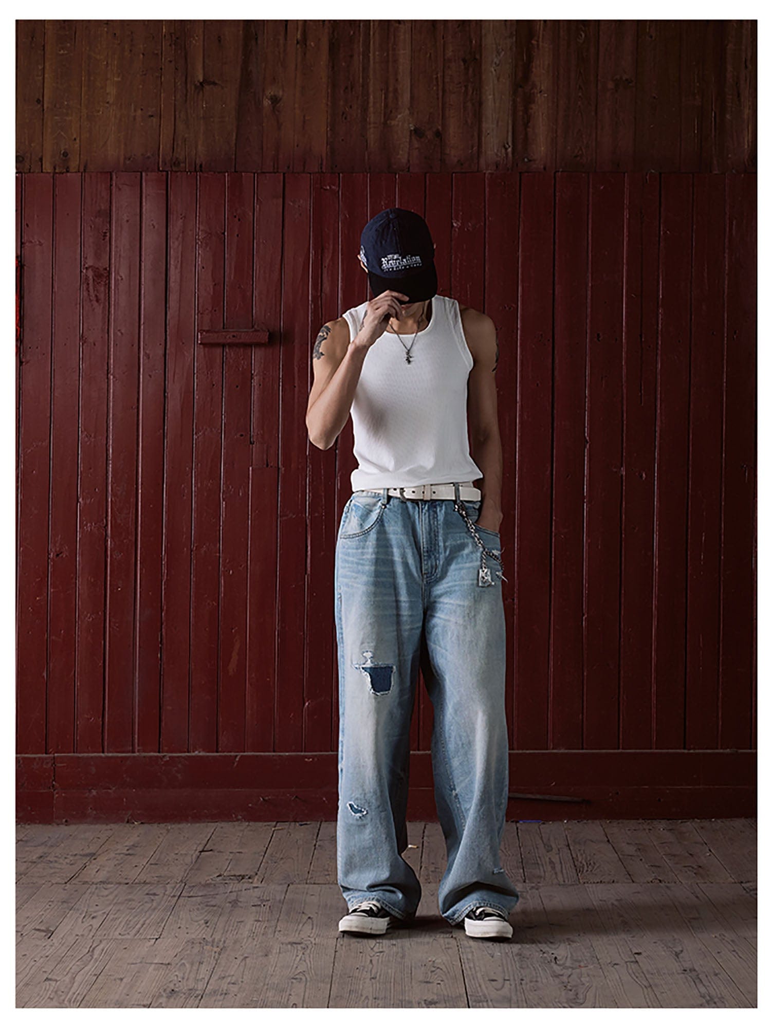 IN EXISTENCE Distressed Patchwork Creased Washed Wide-Leg Jeans, premium urban and streetwear designers apparel on PROJECTISR.com, IN EXISTENCE