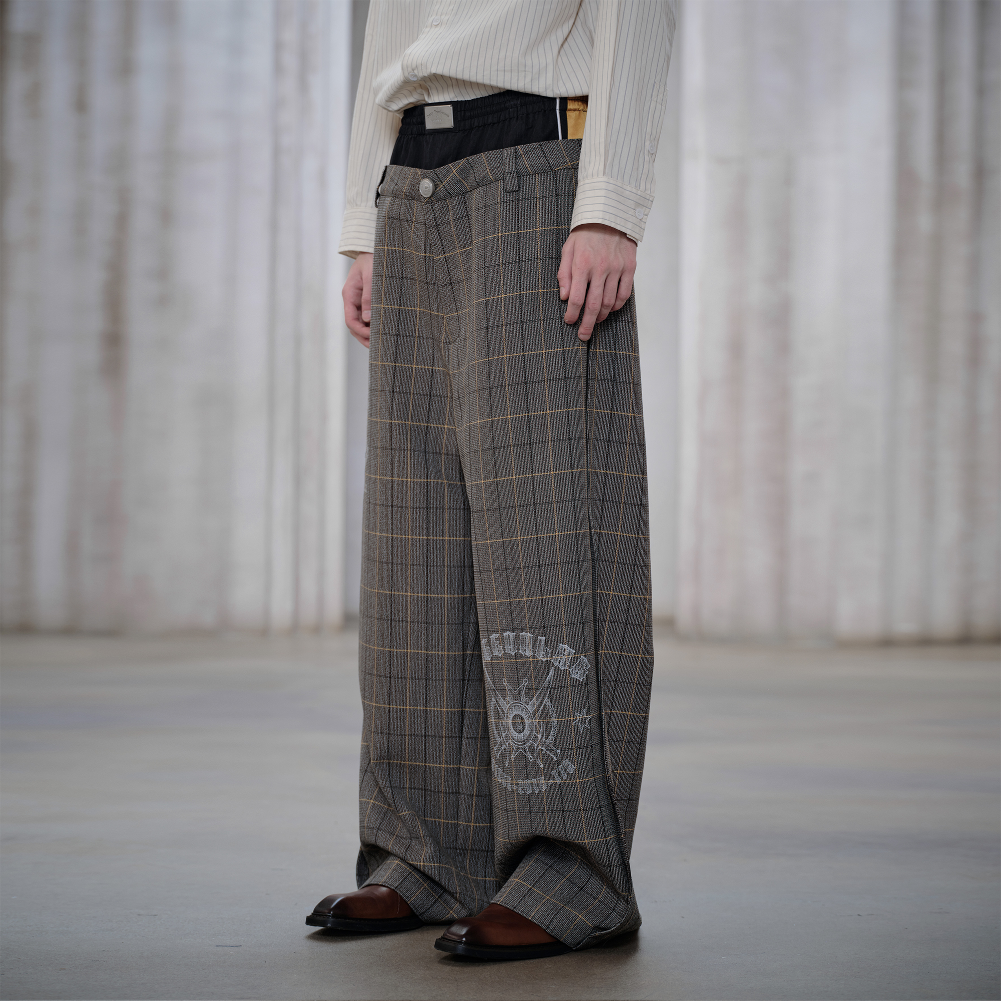 FACEONLAB Contrast Double-Waist Plaid Graphic Trousers, premium urban and streetwear designers apparel on PROJECTISR.com, FACEONLAB