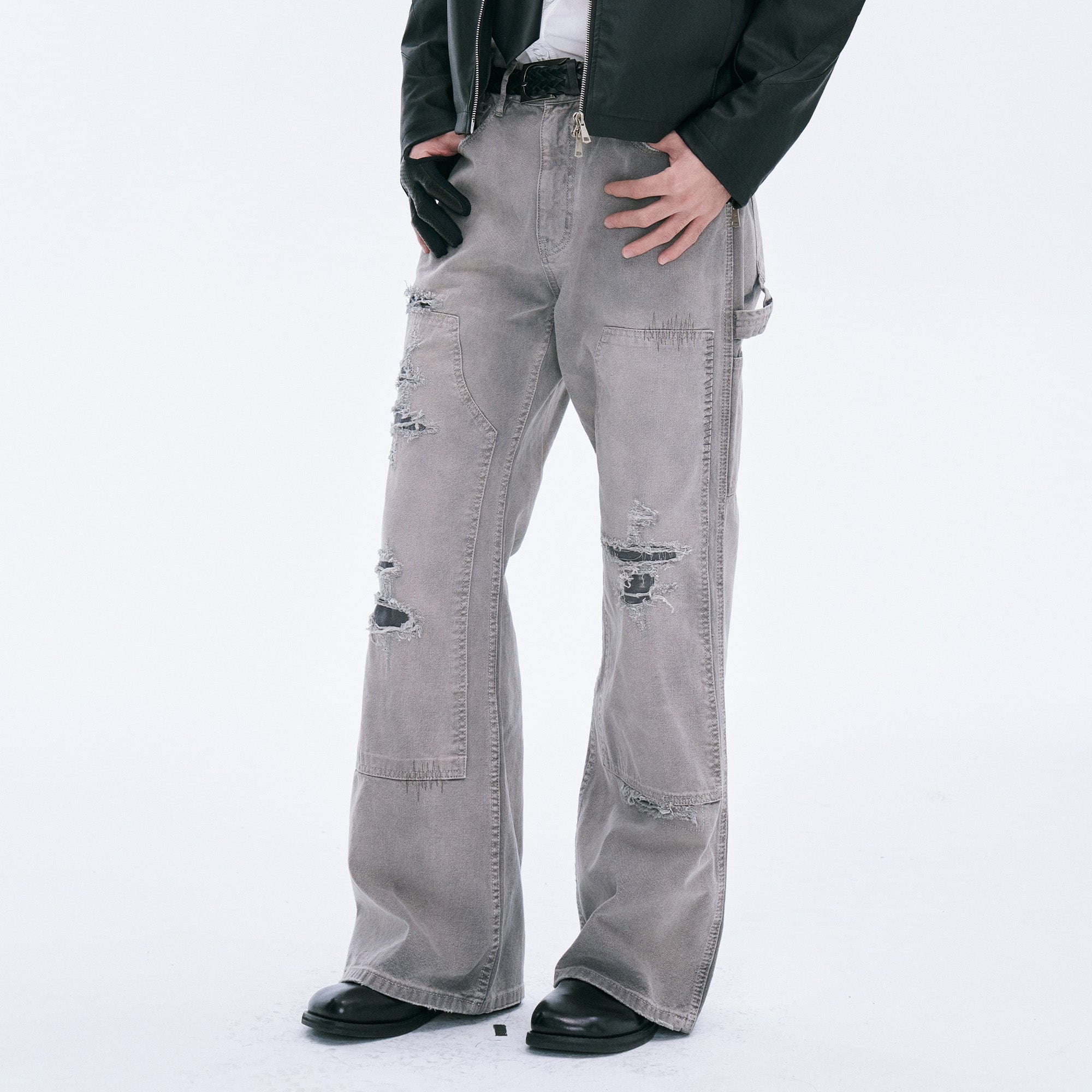 CATSSTAC Distressed Double-Knee Carpenter Straight-Leg Jeans Gray, premium urban and streetwear designers apparel on PROJECTISR.com, CATSSTAC