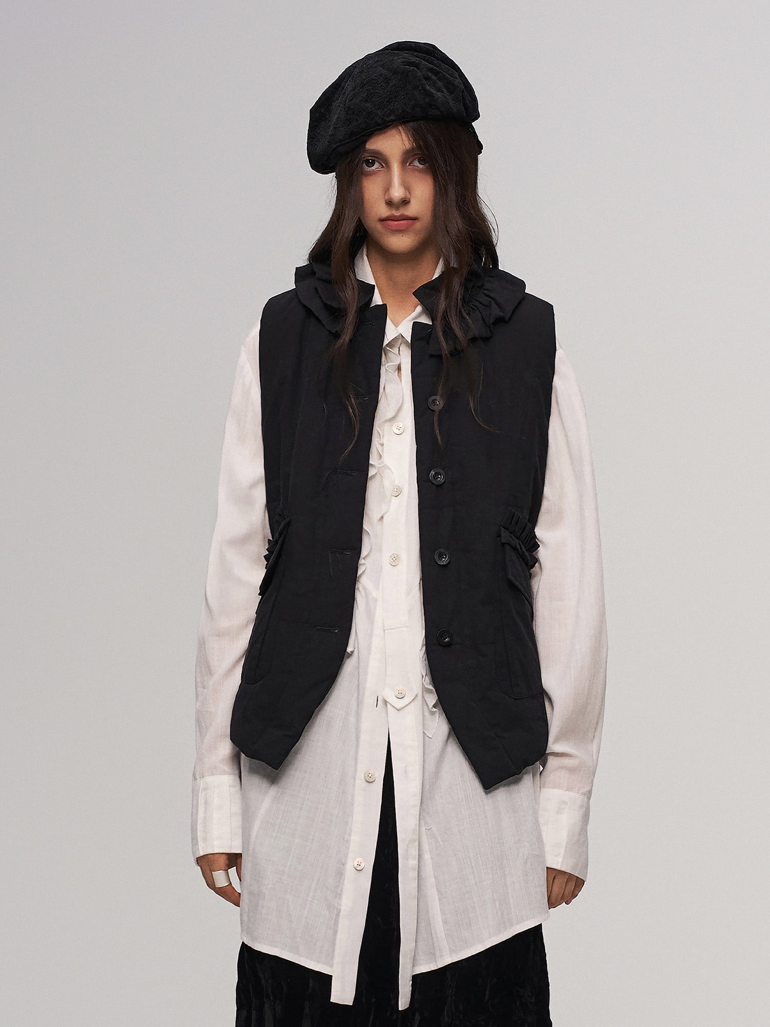 ILNya Nieternite Nifutur Sheer Ruffle Front Long Shirt