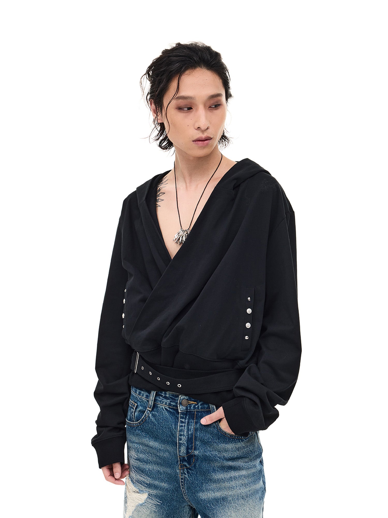 WHISTLEHUNTER Detachable-Belt Deep V-Cut Hardware Hoodie, premium urban and streetwear designers apparel on PROJECTISR.com, WHISTLEHUNTER