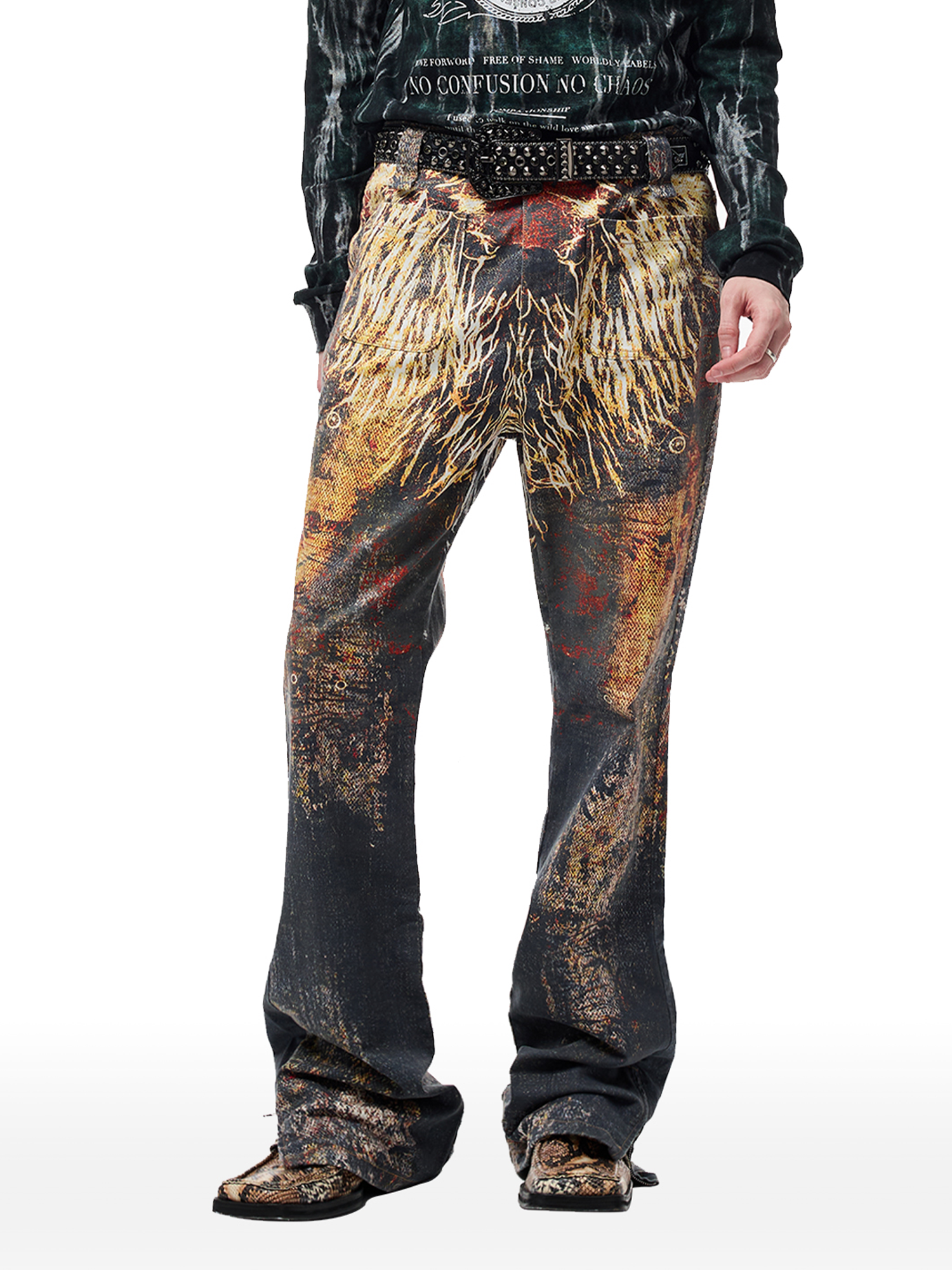 CYCYCY Feather Full-Print Slim Flared Jeans