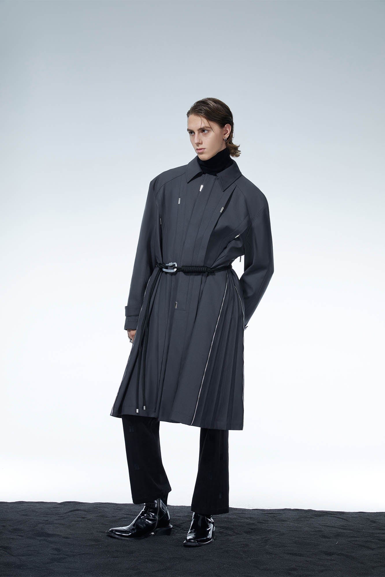 LOSTNFOUND Spliced Pleated Side-Zip Overcoat, premium urban and streetwear designers apparel on PROJECTISR.com, LOSTNFOUND