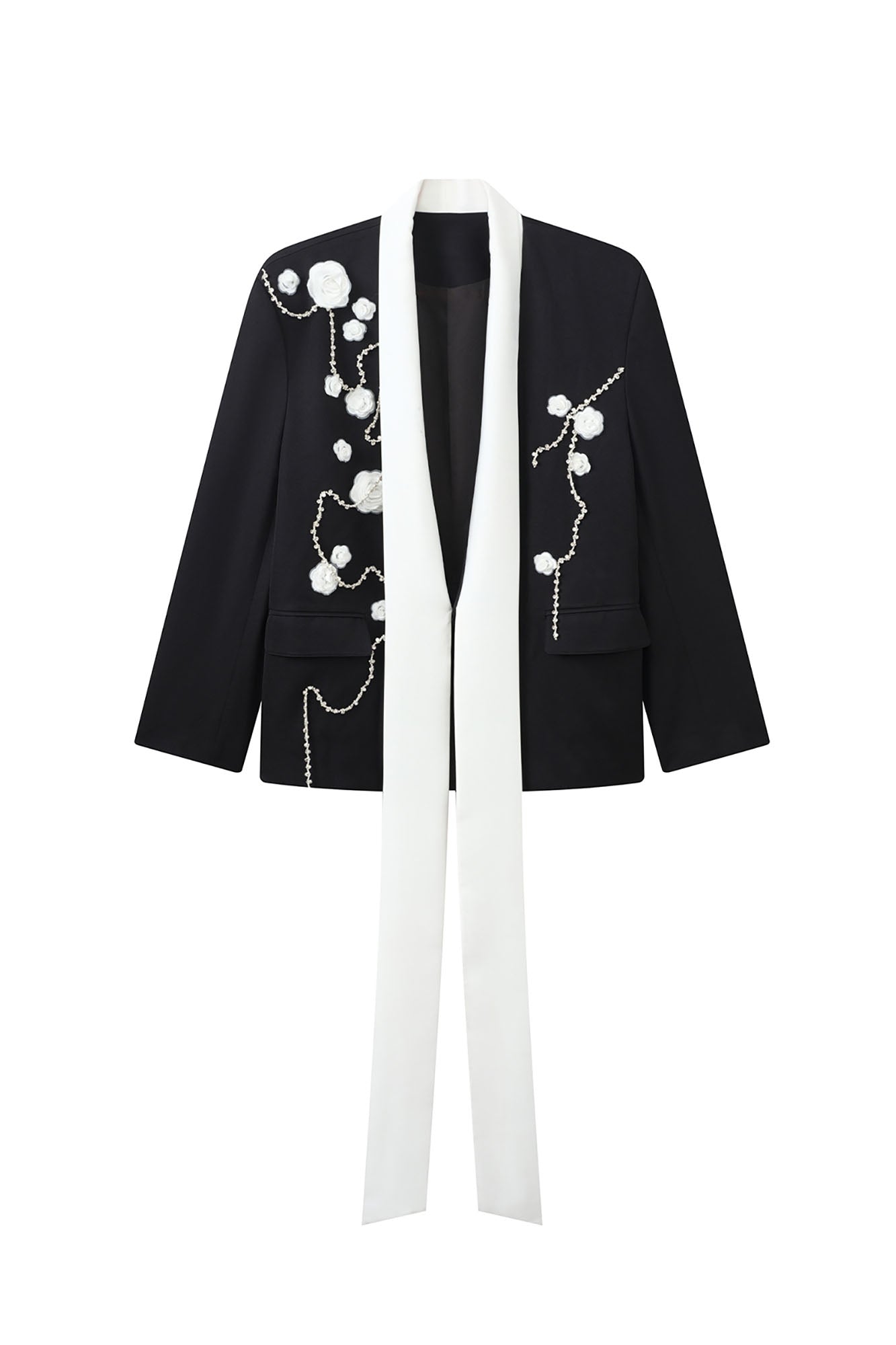 JIECHI Floral Embroidered Sash Tie Blazer