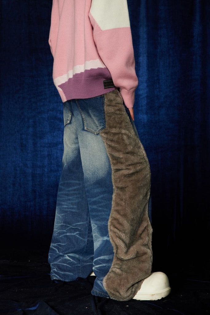 DND4DES Faux Fur Spliced Jeans, premium urban and streetwear designers apparel on PROJECTISR.com, DND4DES