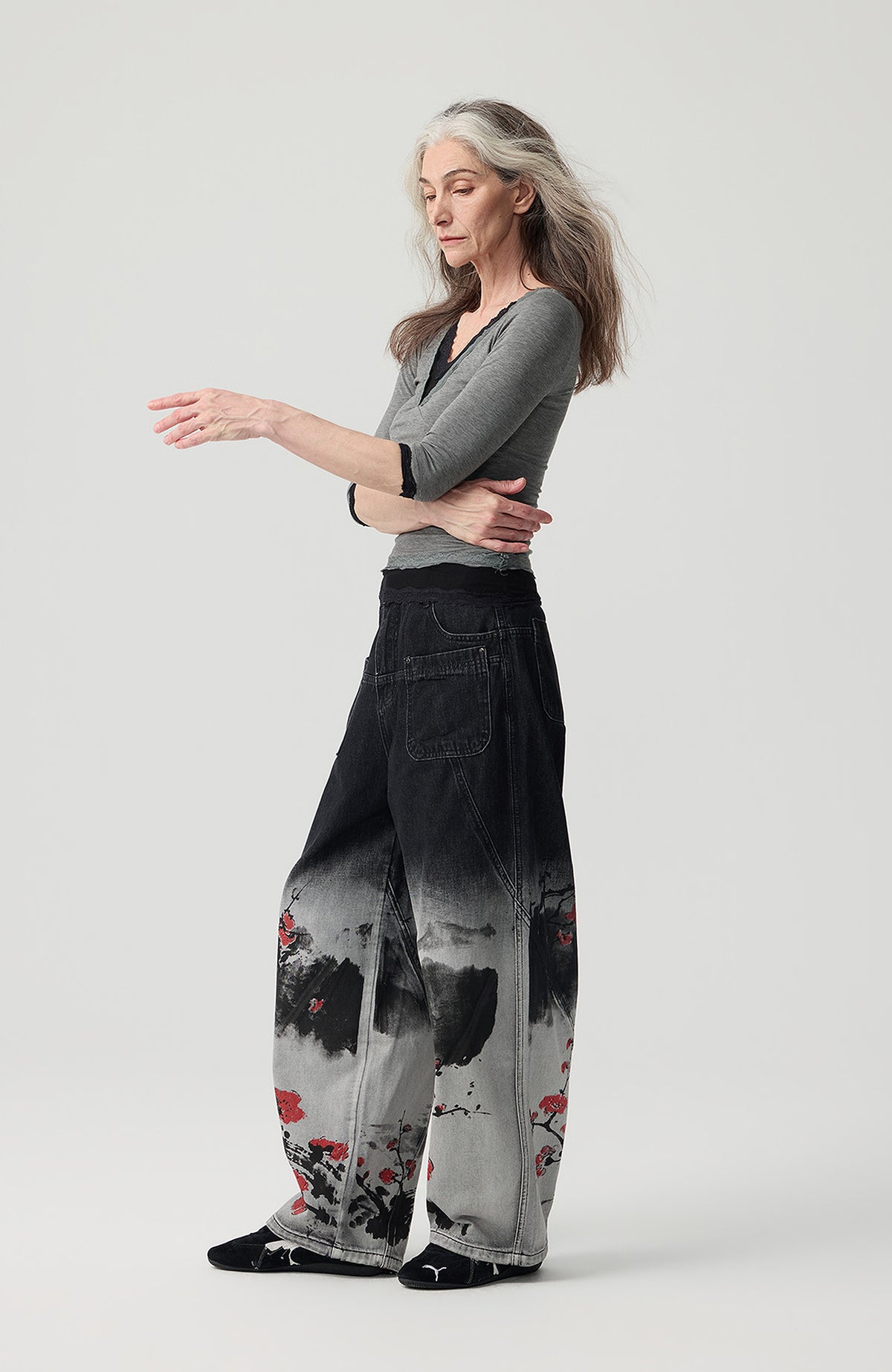 HAHAHA STUDIOS Ink Plum Blossom Washed Wide-Leg Jeans
