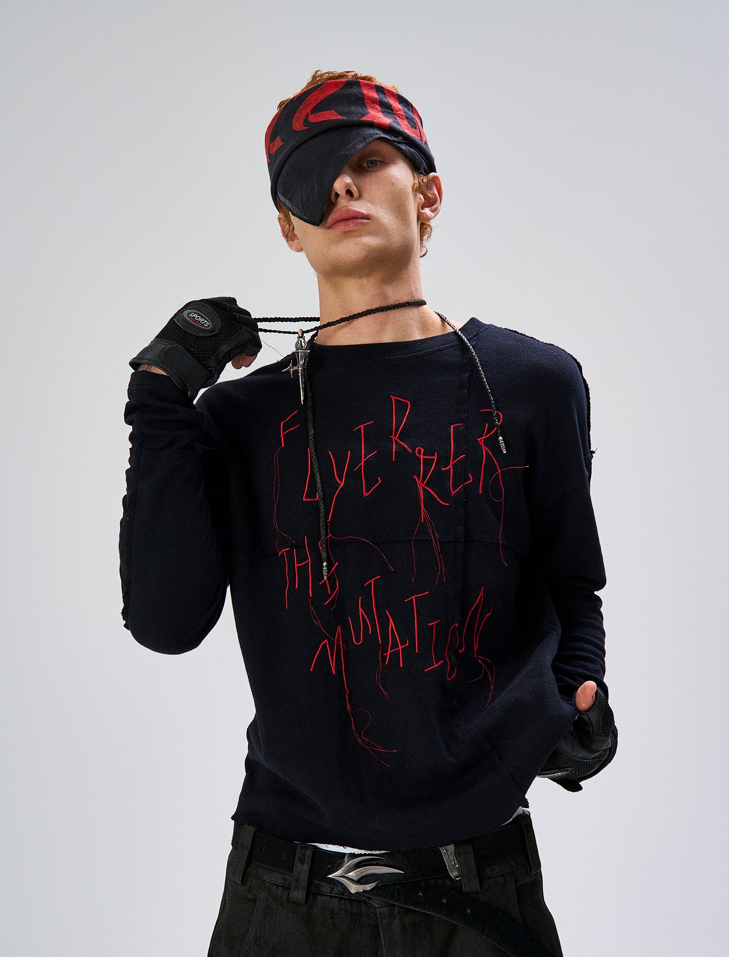FLYERRER Cross-Panel Contrast Frayed Embroidered Long-Sleeve Tee, premium urban and streetwear designers apparel on PROJECTISR.com, FLYERRER