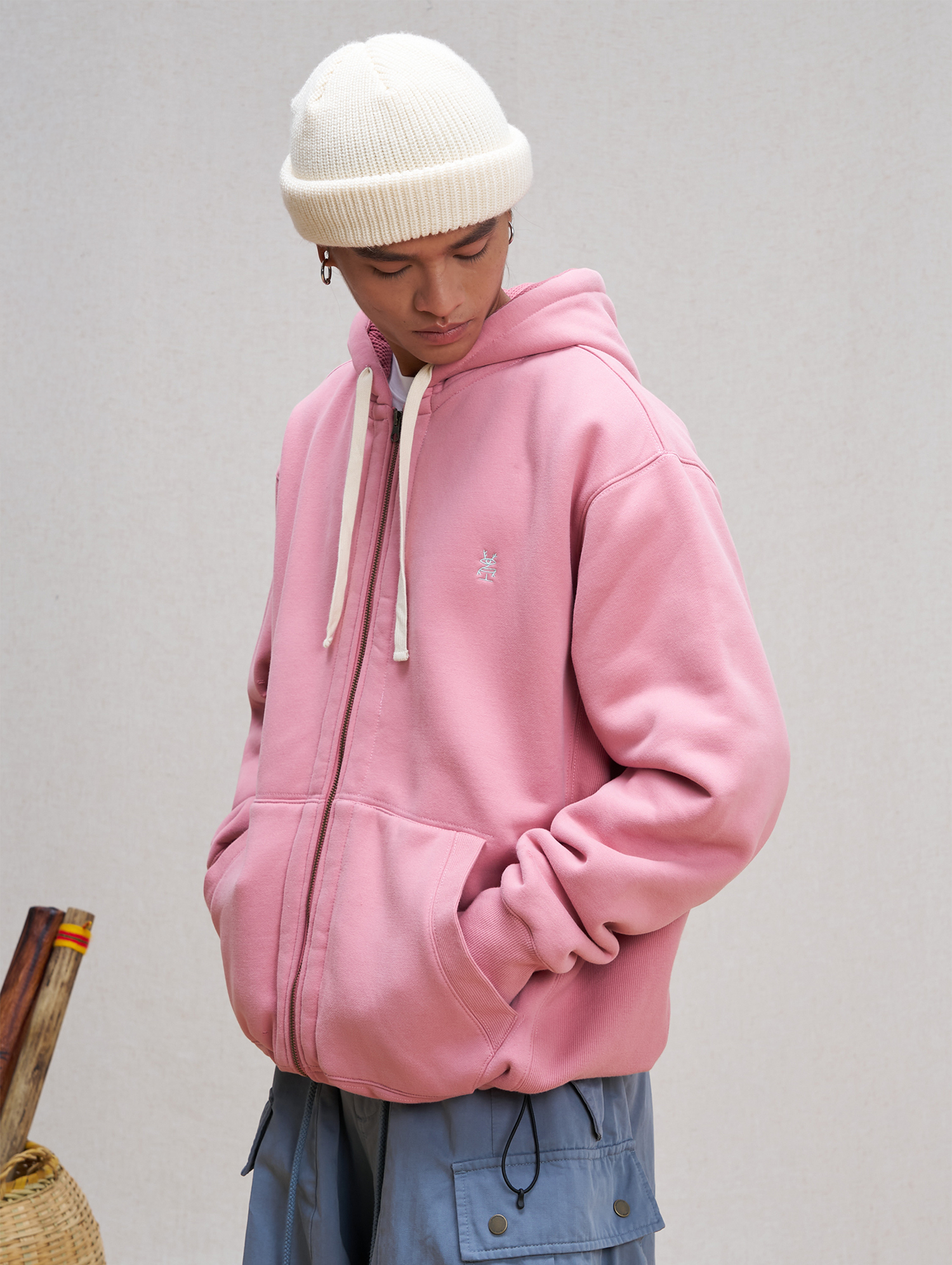 UNLIMITED MOTE Embroidered Waffle Lining Drawstring Hood Jacket