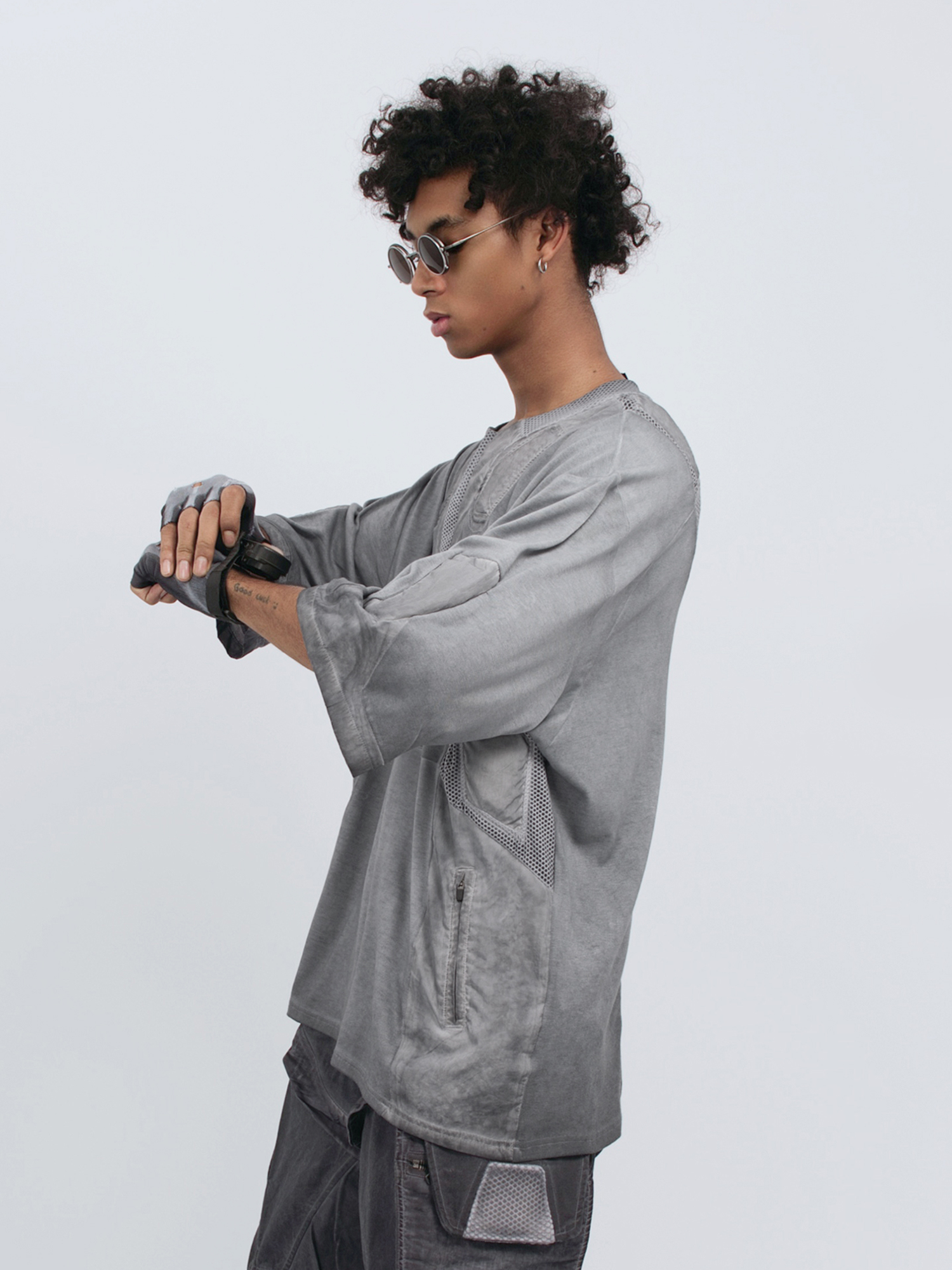 STEAM Distressed Mesh-Spliced Oversized Tactical T-Shirt