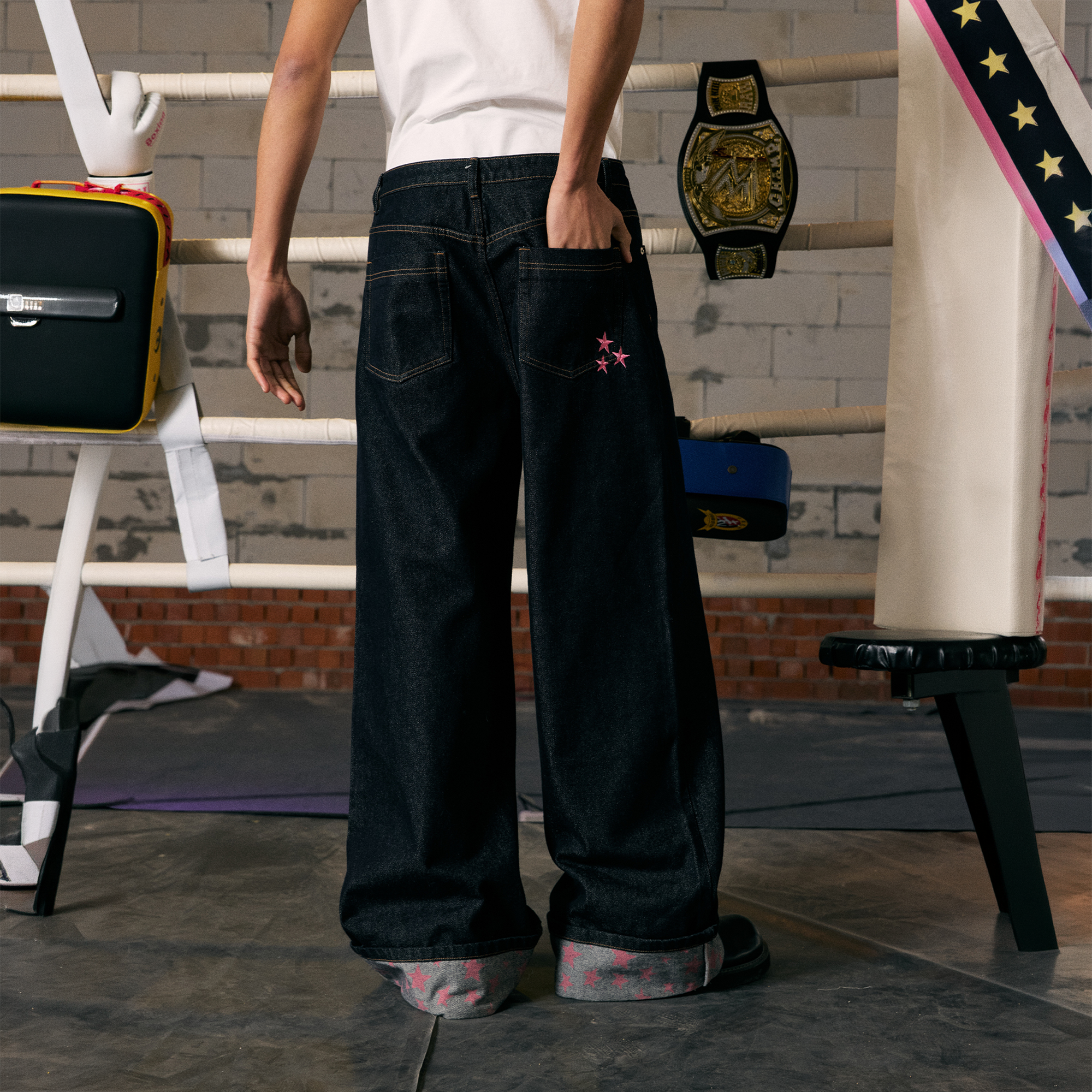 DONSMOKE Wide-Leg Star/ Leopard Cuffed Jeans, premium urban and streetwear designers apparel on PROJECTISR.com, DONSMOKE