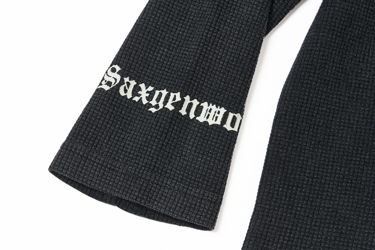 SAXGENWON Washed Skull Graphic Waffle-Knit Henley Long-Sleeve Tee