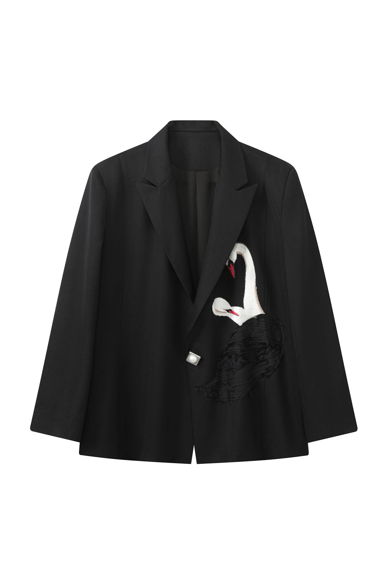 JIECHI Swan Embroidered Pearl Button Blazer