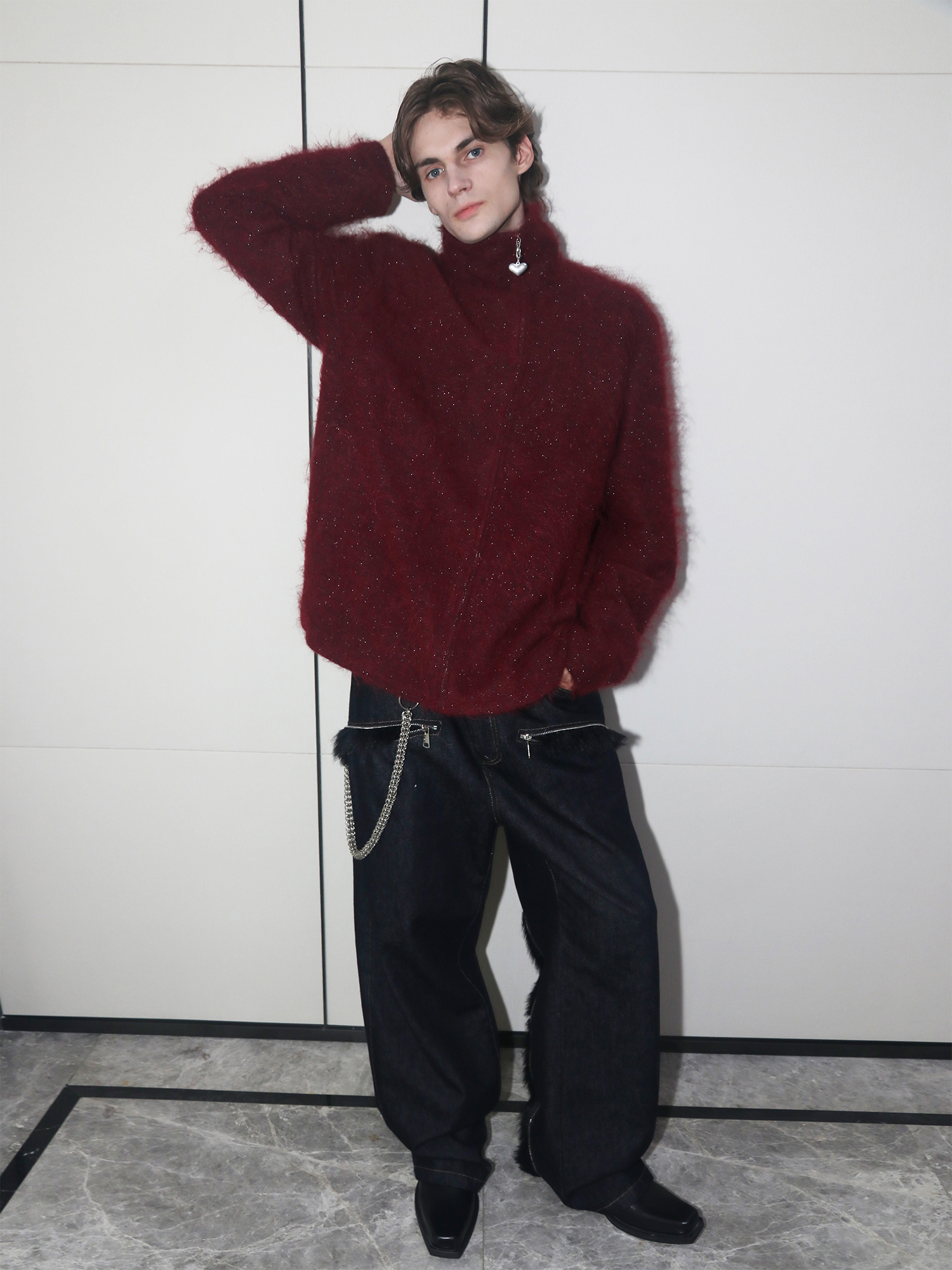 ASSEEN Asym-Zip Glitter Mohair Cardigan