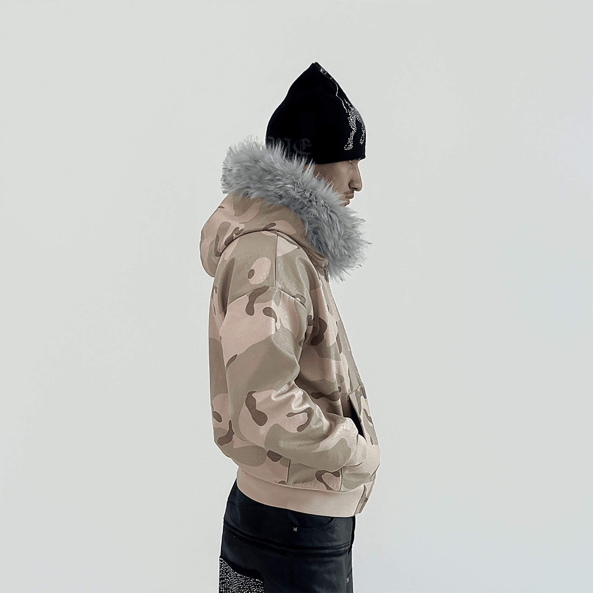 TECNINEGROUP Camo Waxed Faux Fur Hooded Jacket