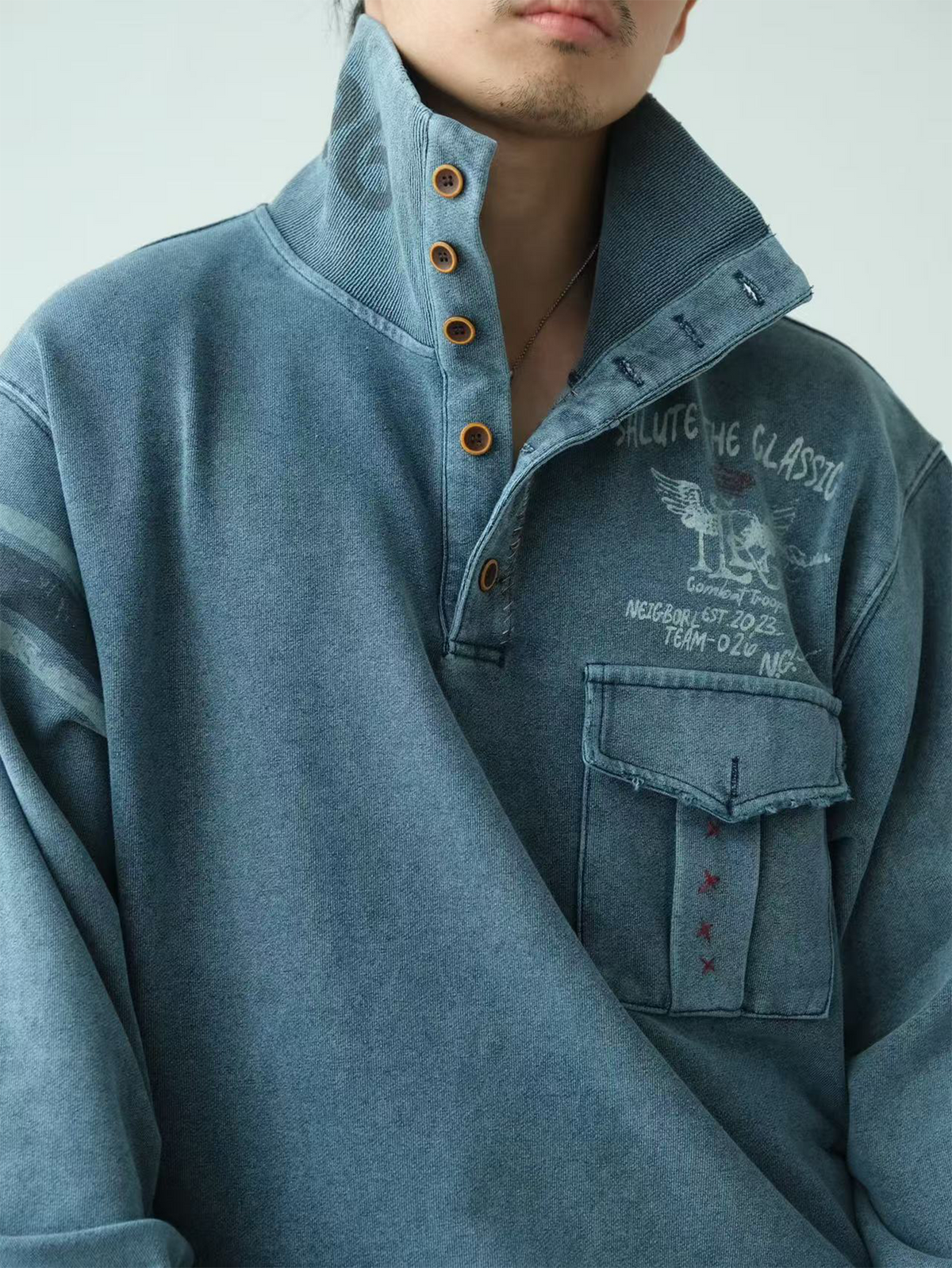 NEIGBORL Retro Graphic Washed Stand-Collar Sweatshirt