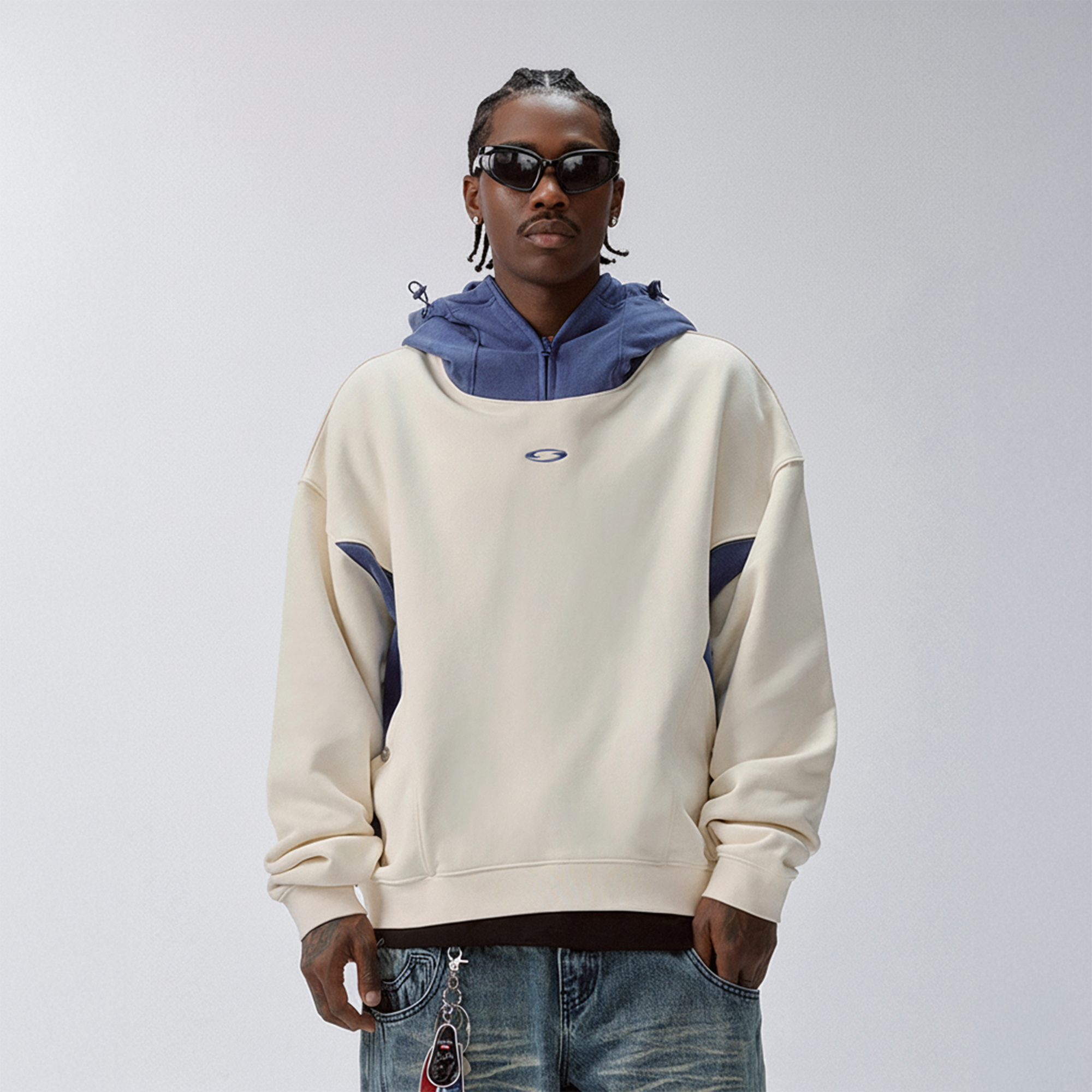 F2CE Contrast Paneled Funnel-Hood Pullover