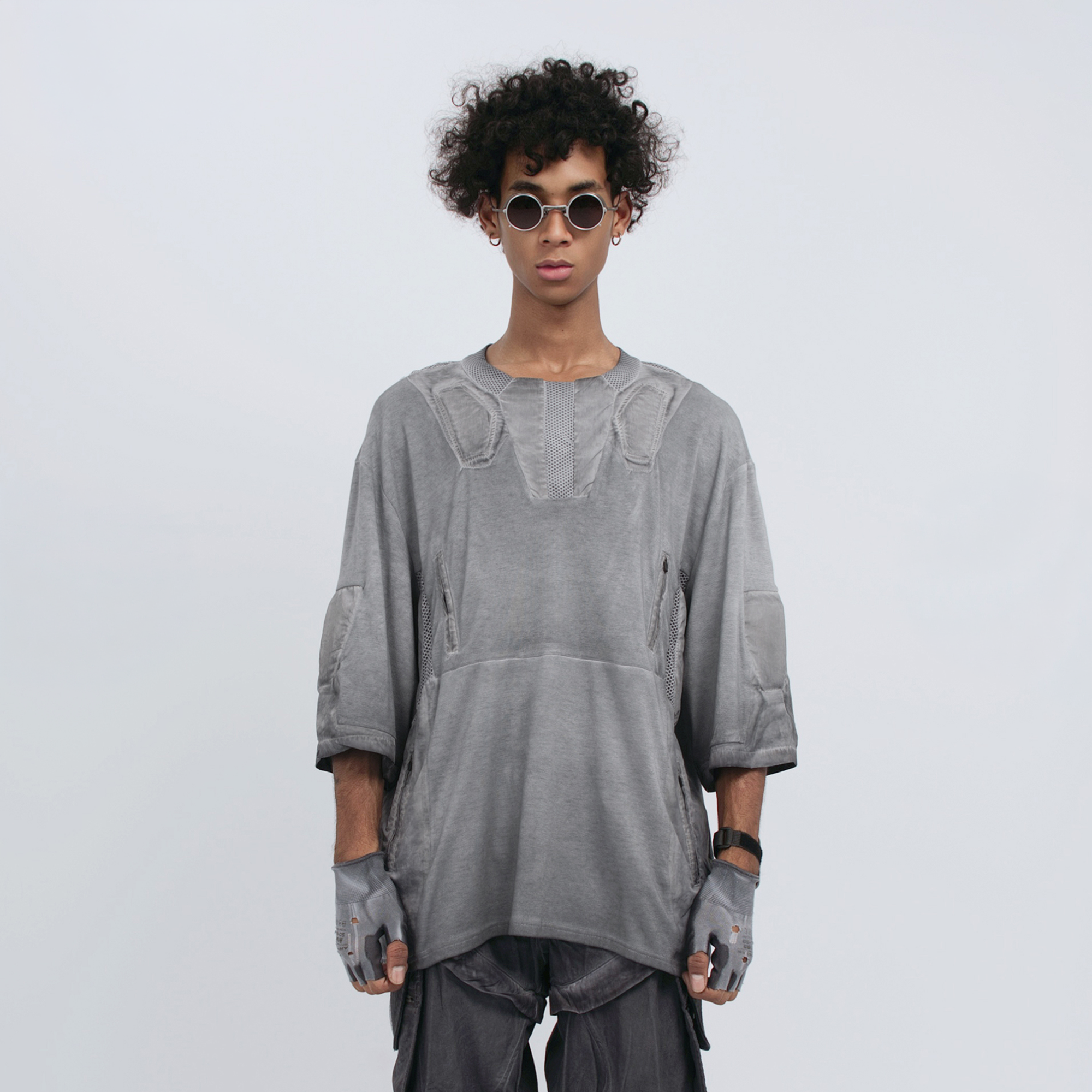 STEAM Distressed Mesh-Spliced Oversized Tactical T-Shirt