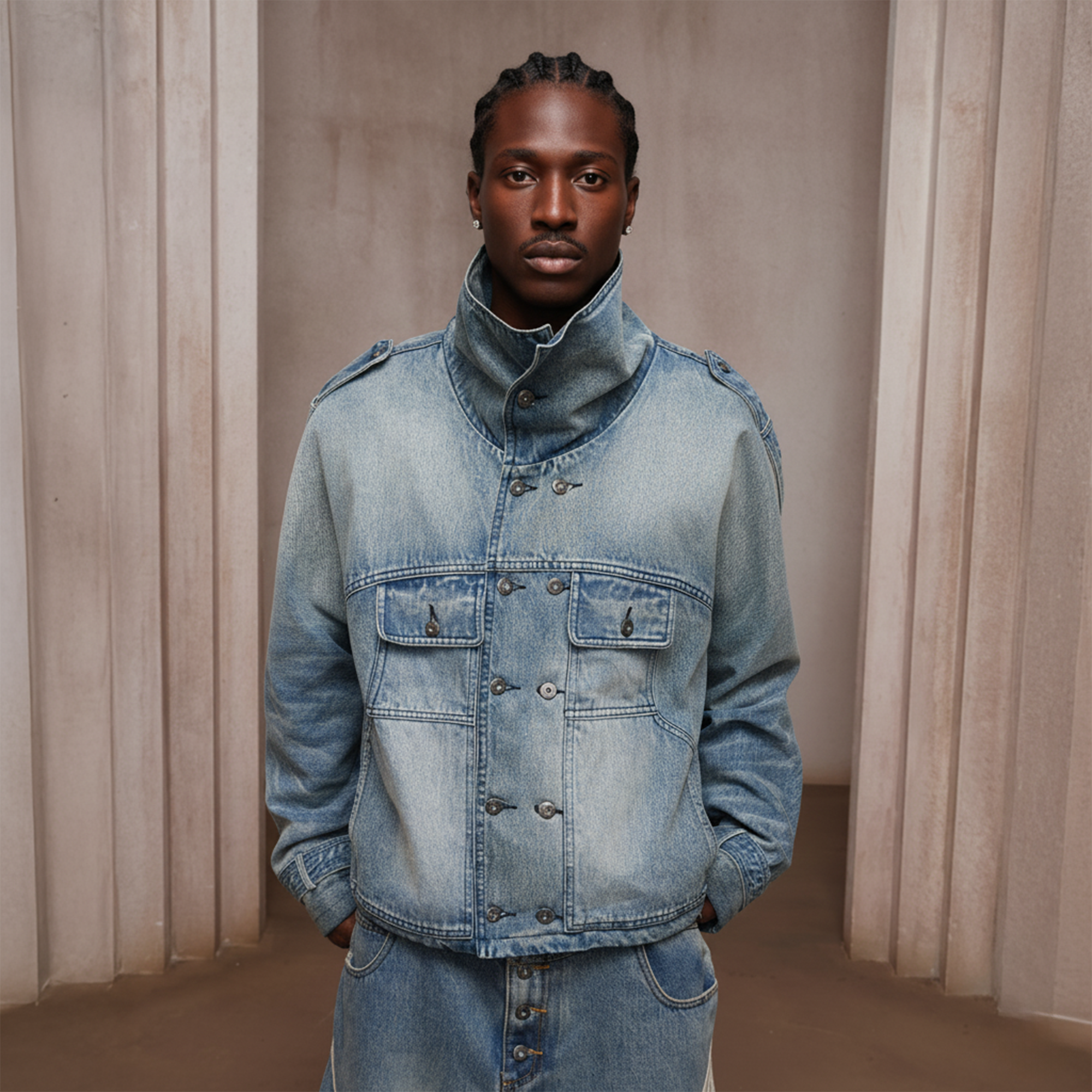 DND4DES Washed Double-Breasted Multi-Pocket Denim Bomber