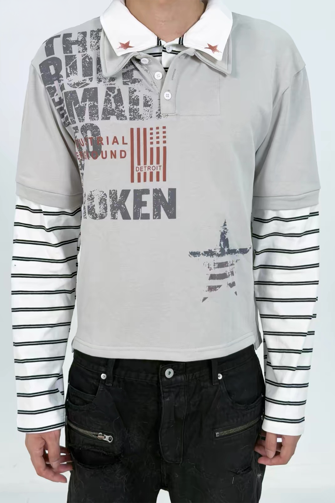 REGEN ZONE Layered Graphic Striped Polo Long-Sleeve Tee