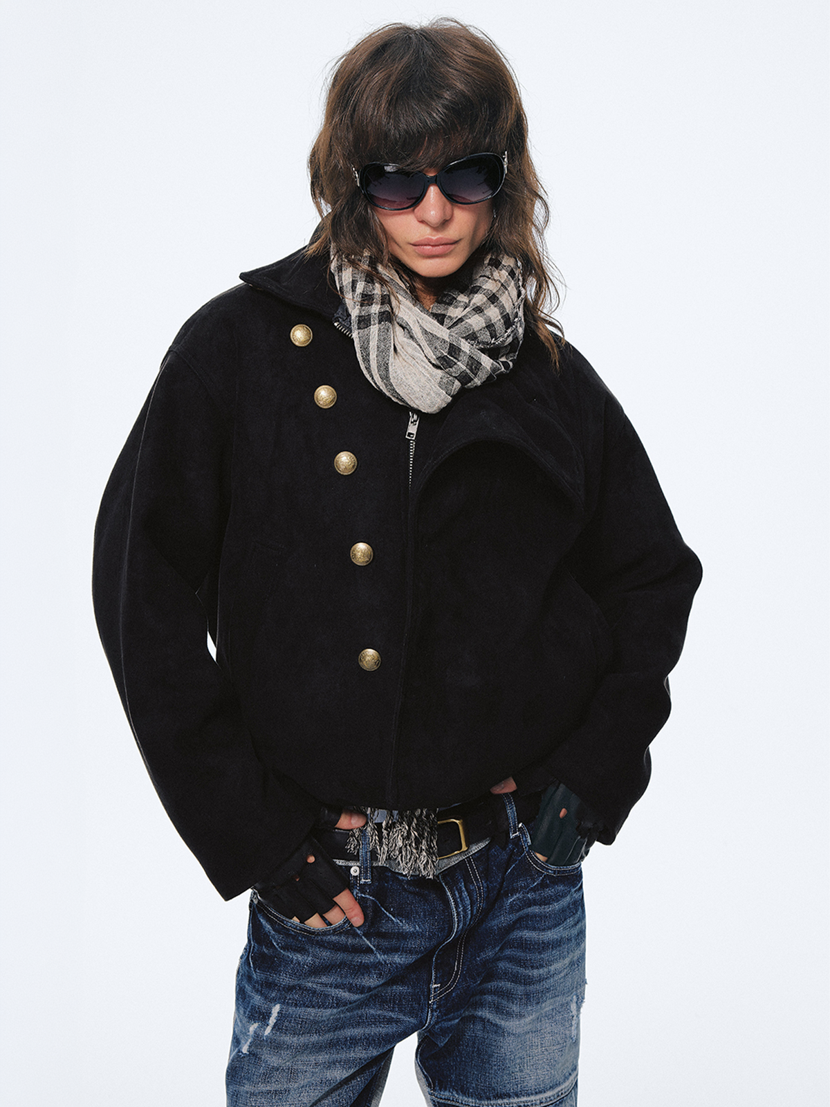 TRECLUB Collar Metal-Button Padded Suede Jacket, premium urban and streetwear designers apparel on PROJECTISR.com, TRECLUB