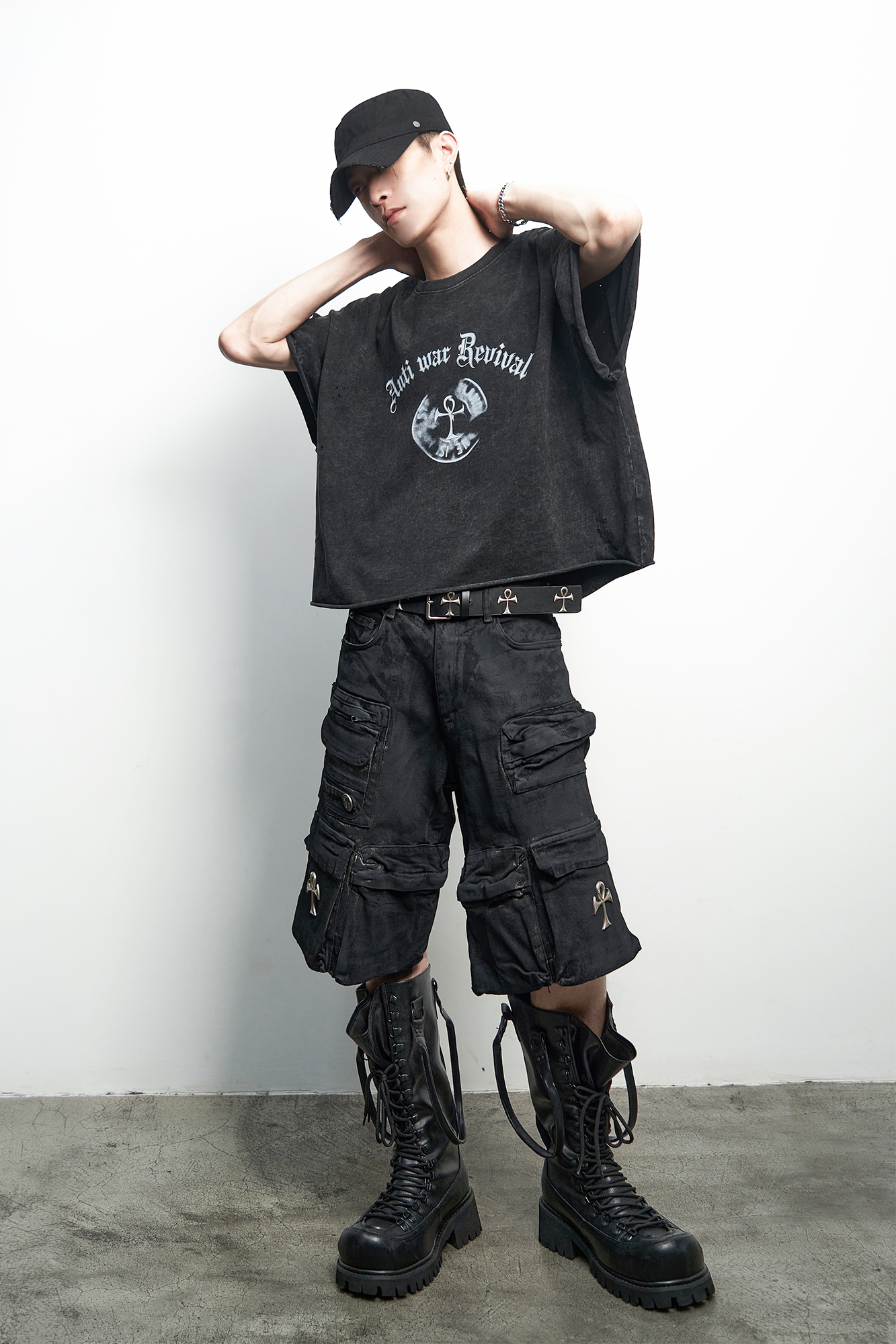 ANTI WAR REVIVAL Wax-Coated Multi-Pocket Denim Shorts