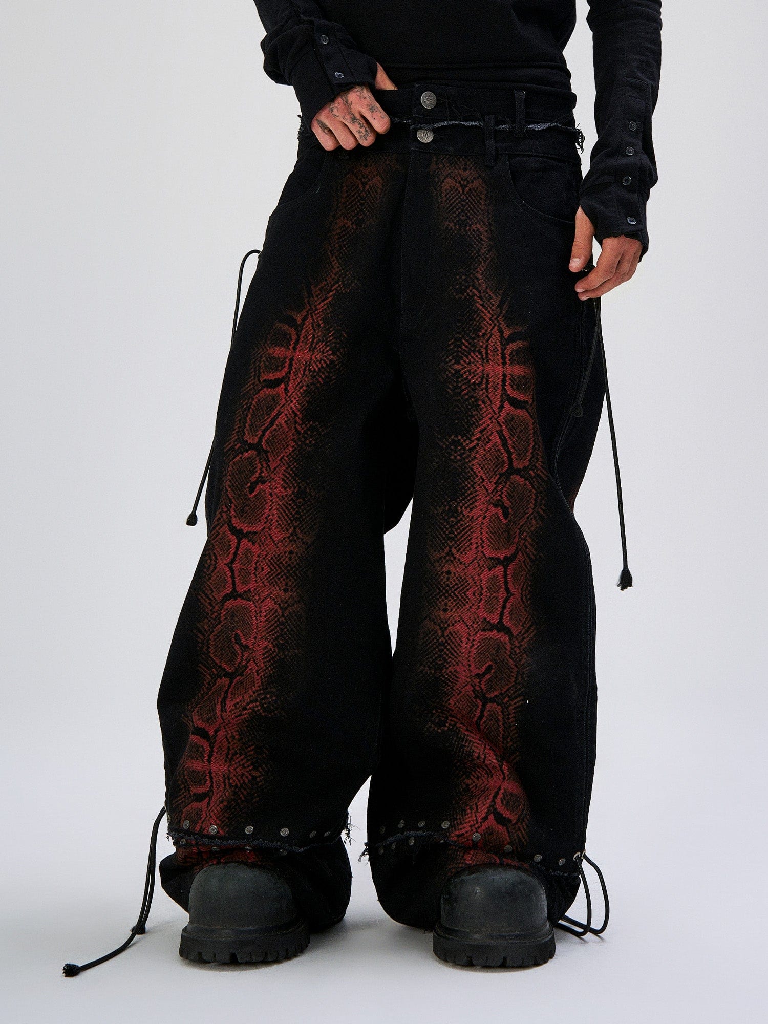FLYERRER Washed Contrast Snakeskin Drawcord Wide-Leg Jeans, premium urban and streetwear designers apparel on PROJECTISR.com, FLYERRER