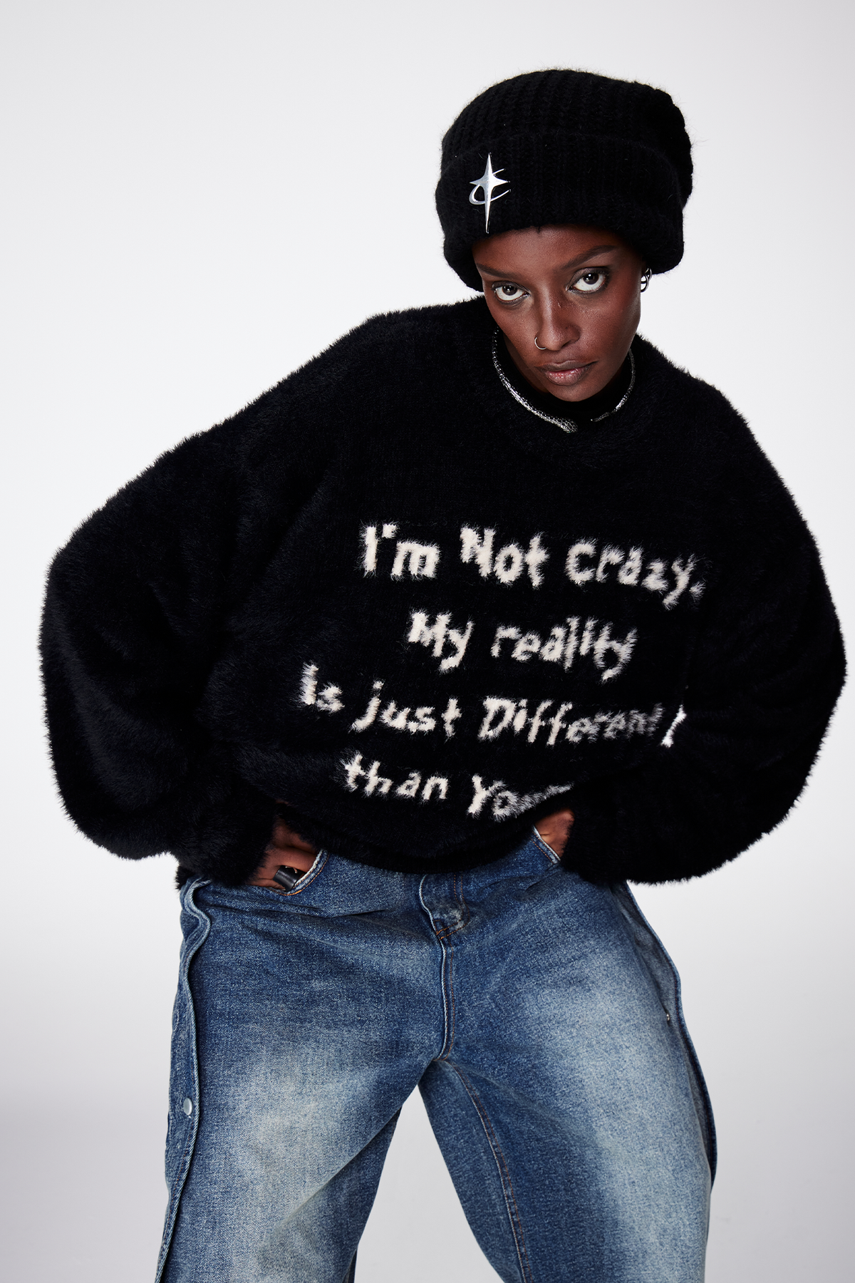 REMODUTION Mohair Slogan Relaxed Sweater