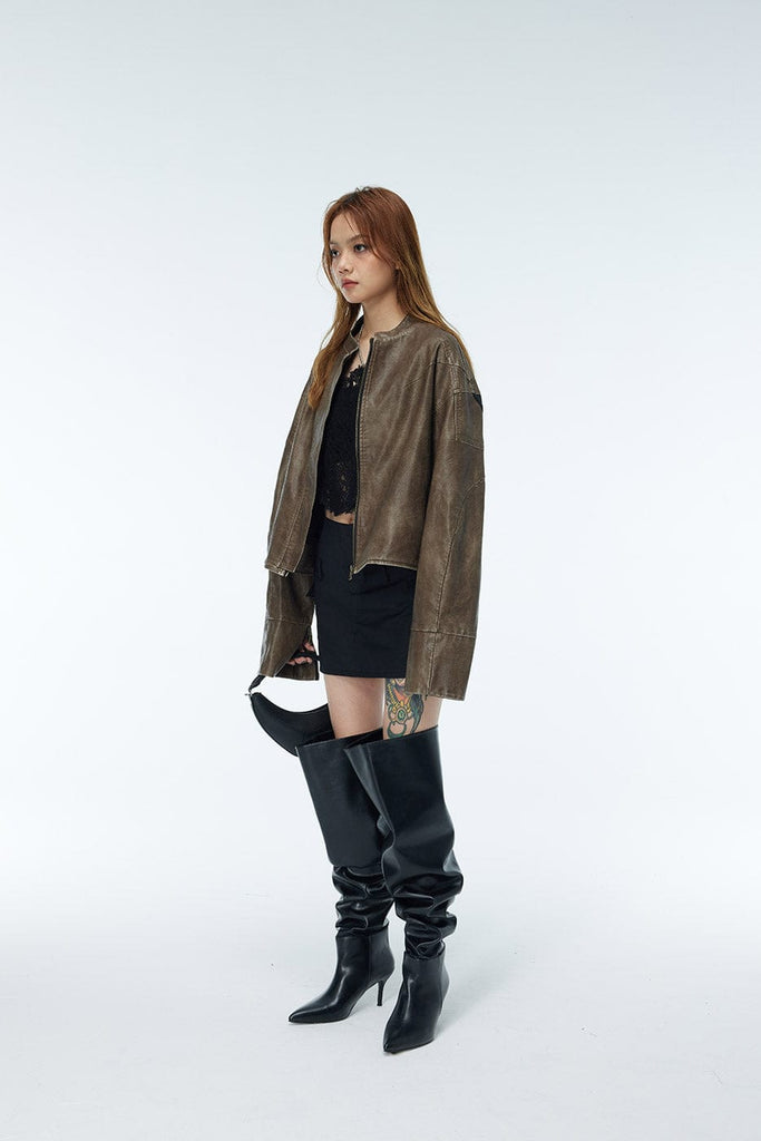 WHISTLEHUNTER Distressed Cropped Faux Leather Biker Jacket, premium urban and streetwear designers apparel on PROJECTISR.com, WHISTLEHUNTER
