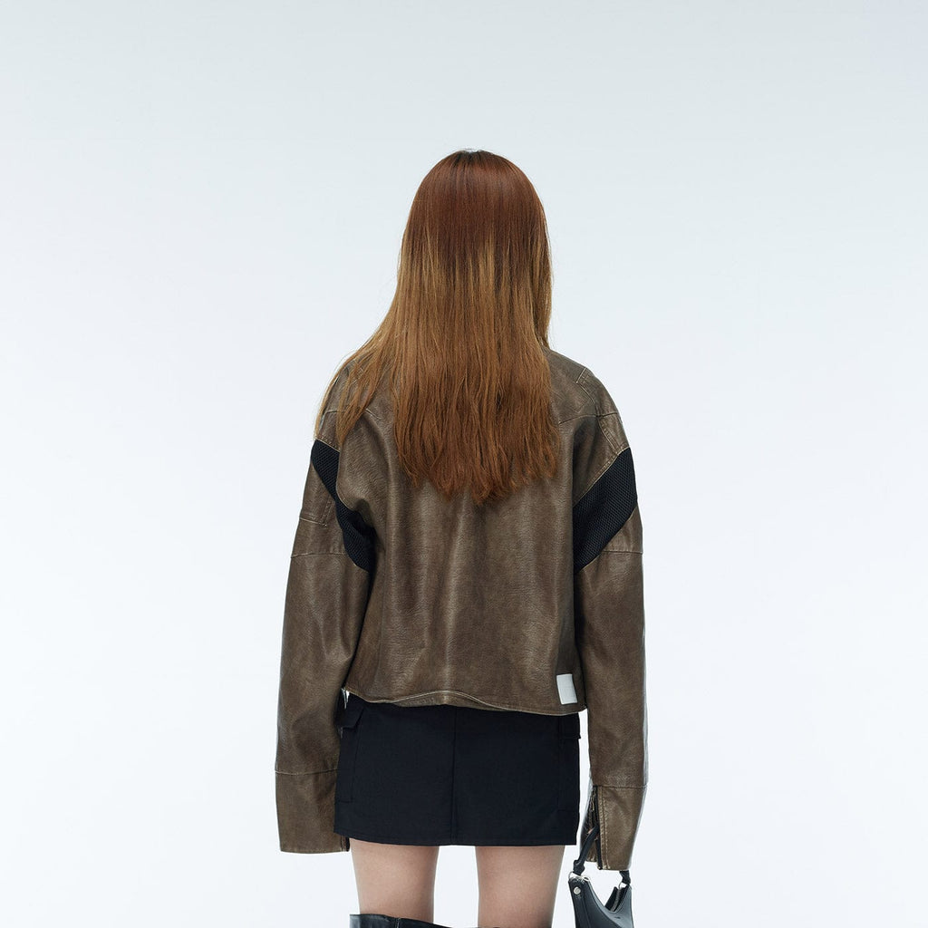 WHISTLEHUNTER Distressed Cropped Faux Leather Biker Jacket, premium urban and streetwear designers apparel on PROJECTISR.com, WHISTLEHUNTER