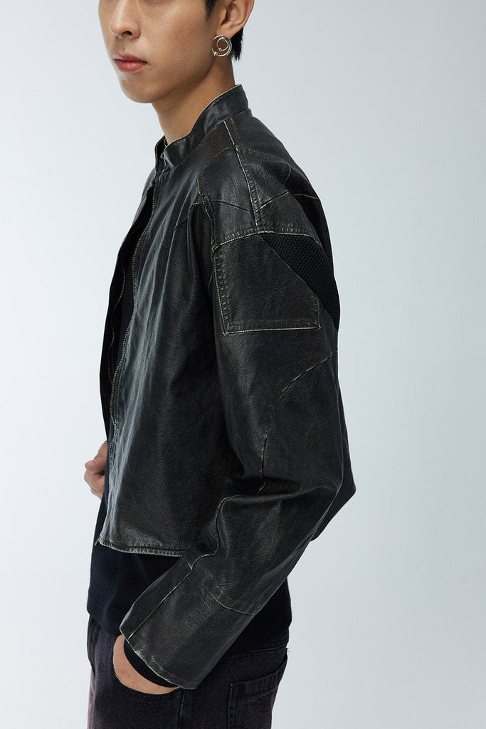 WHISTLEHUNTER Distressed Cropped Faux Leather Biker Jacket, premium urban and streetwear designers apparel on PROJECTISR.com, WHISTLEHUNTER