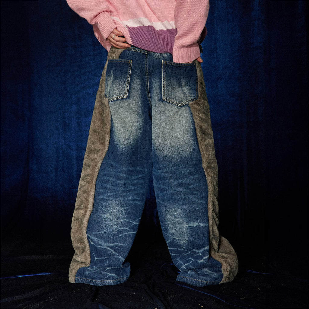 DND4DES Faux Fur Spliced Jeans, premium urban and streetwear designers apparel on PROJECTISR.com, DND4DES