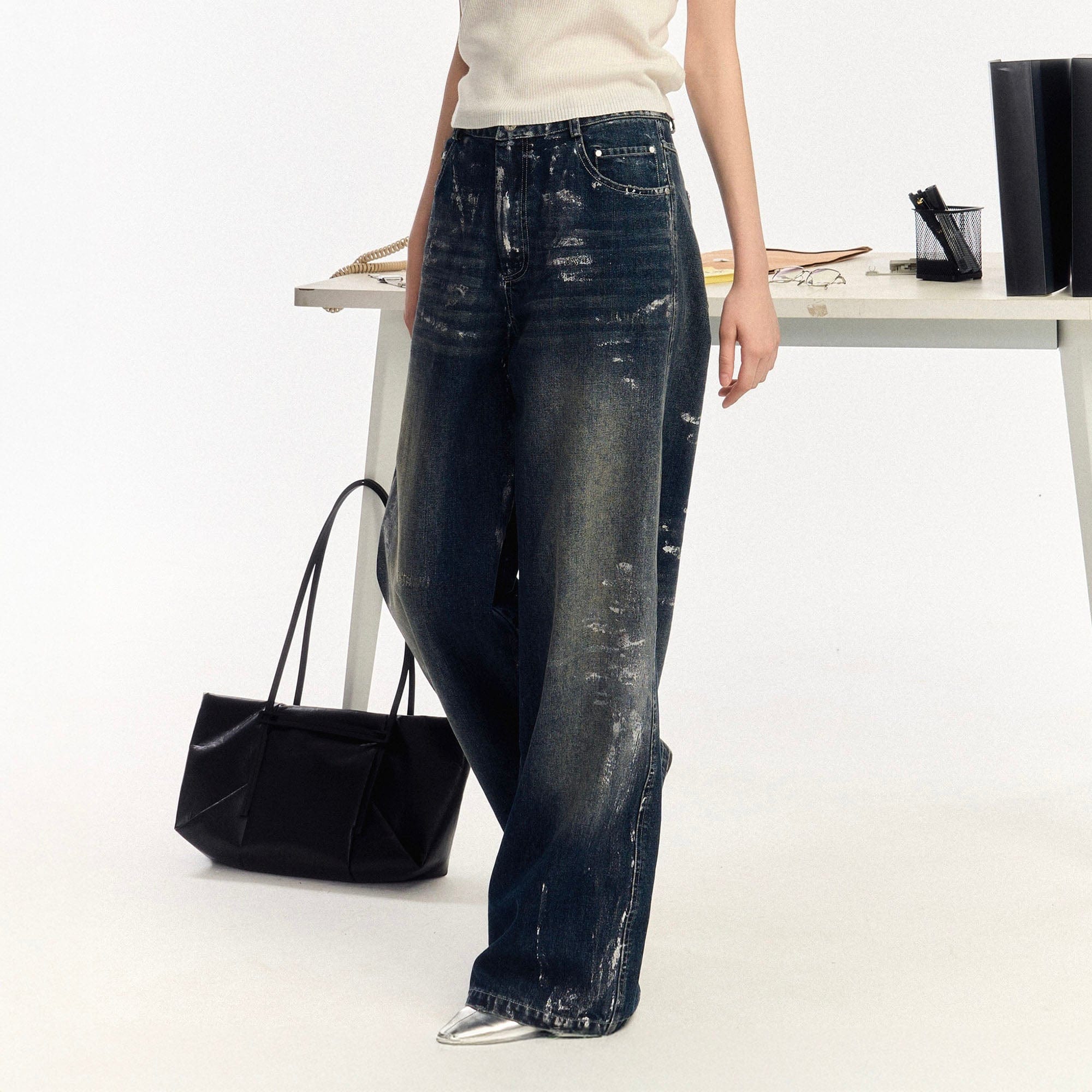 OIPWORD Silver-Brushed Distressed Wide-Leg Jeans, premium urban and streetwear designers apparel on PROJECTISR.com, OIPWORD