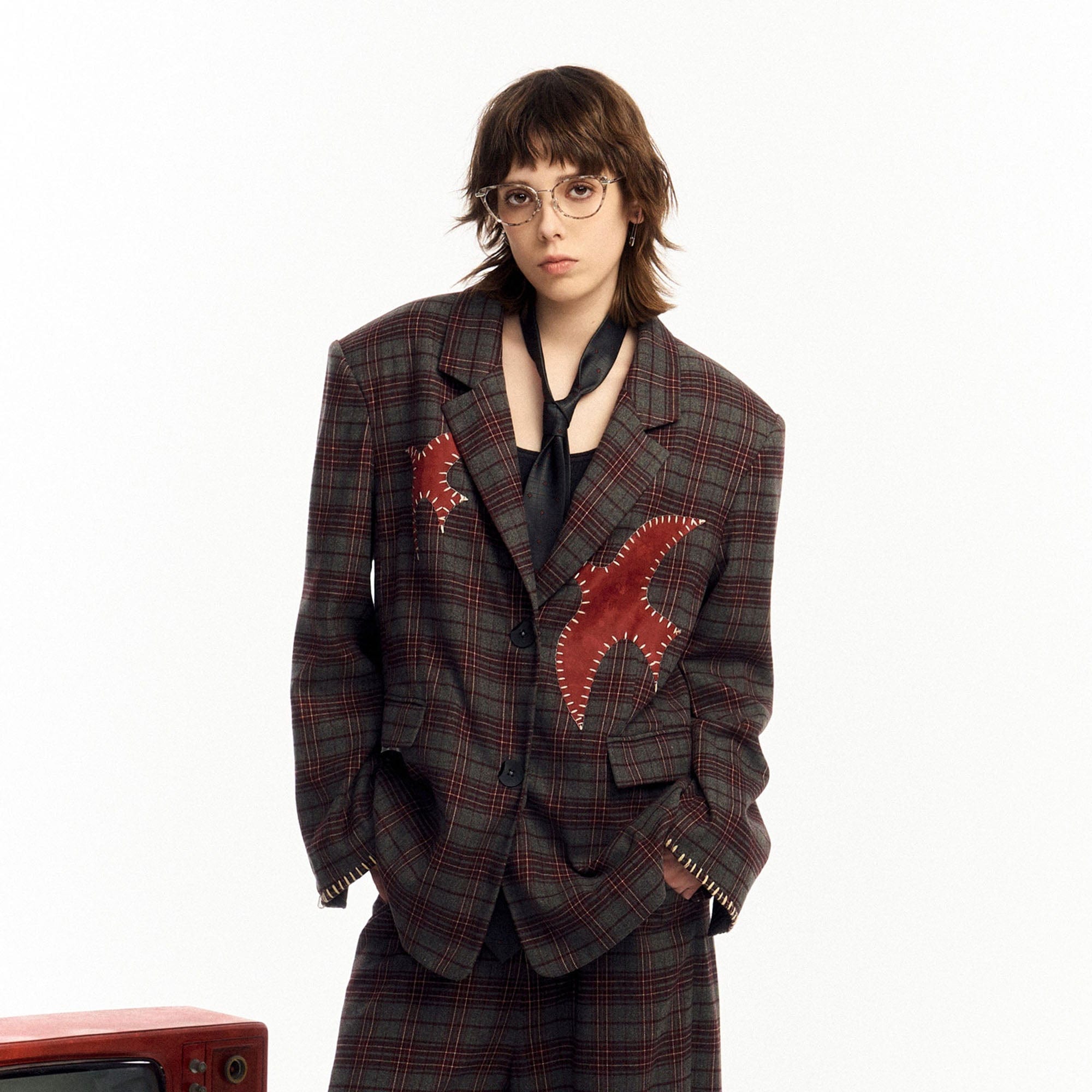 OIPWORD Retro Birds Patchwork Plaid Blazer, premium urban and streetwear designers apparel on PROJECTISR.com, OIPWORD