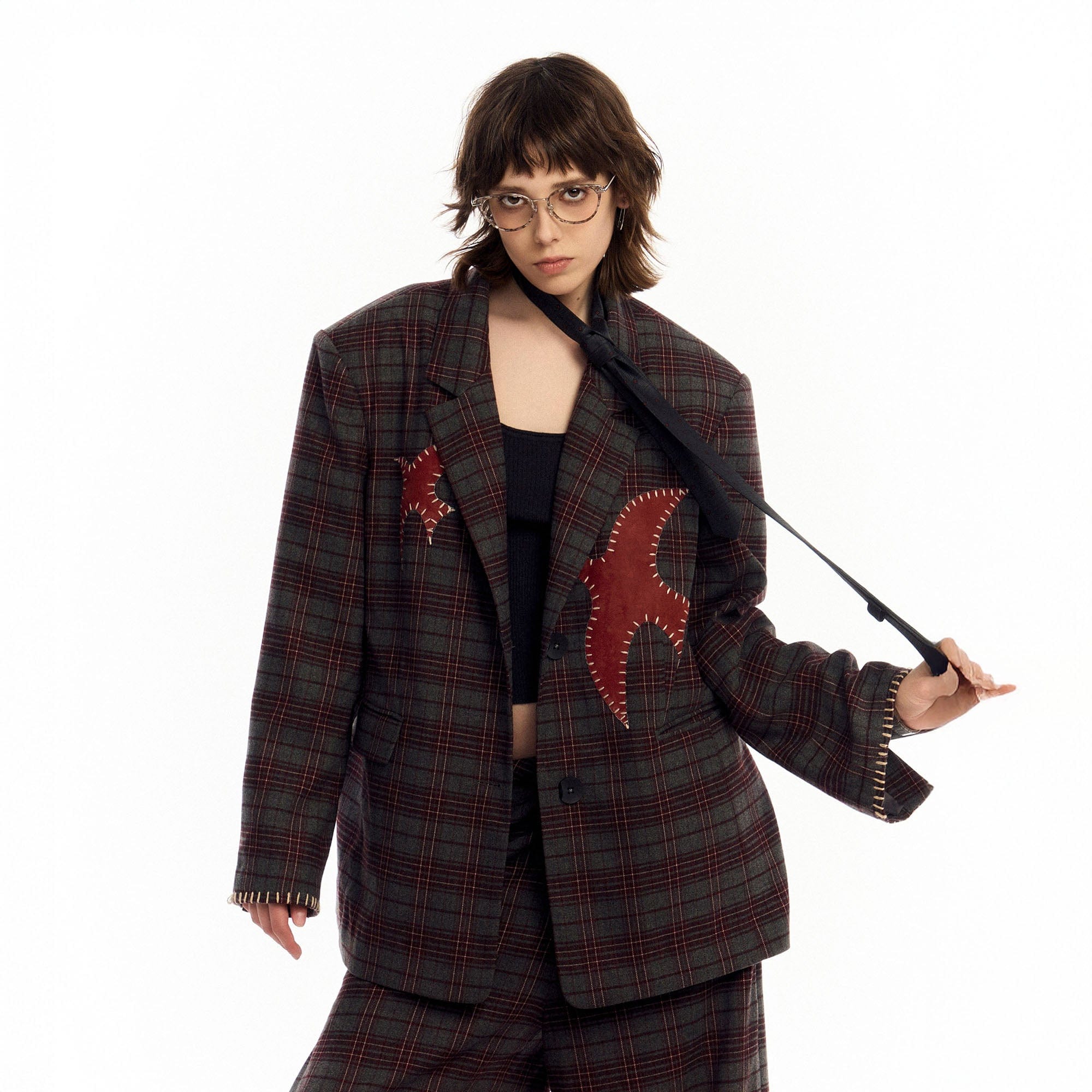 OIPWORD Retro Birds Patchwork Plaid Blazer, premium urban and streetwear designers apparel on PROJECTISR.com, OIPWORD