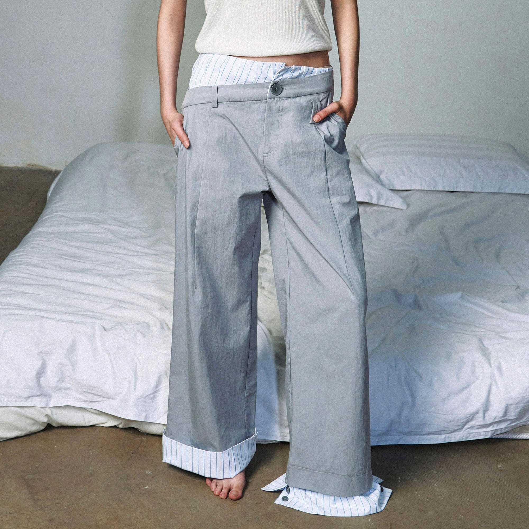 OIPWORD Asymmetrical Waist Faux-Layered Wide-Leg Pants, premium urban and streetwear designers apparel on PROJECTISR.com, OIPWORD